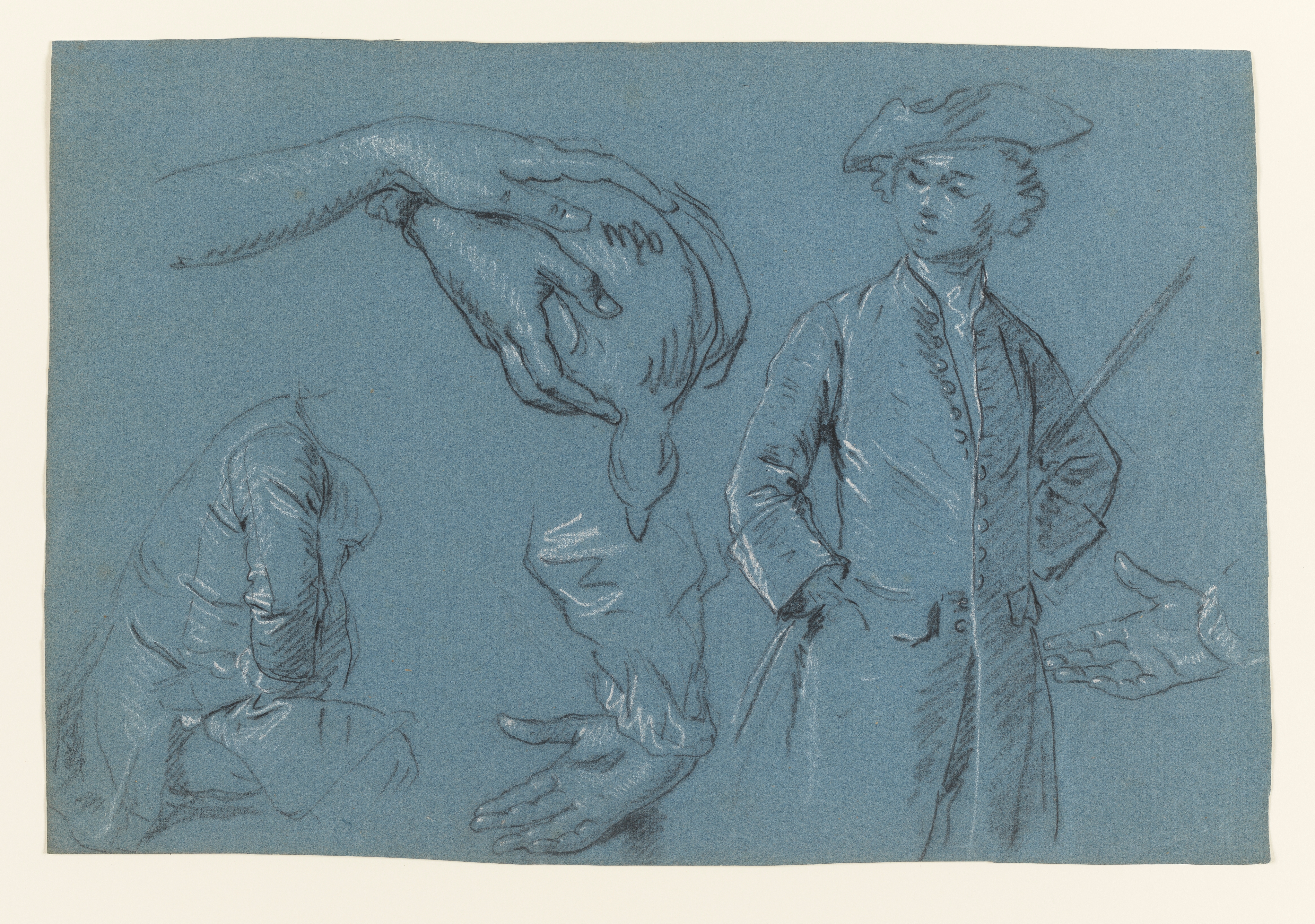 Studies of male figures, seated and standing, two studies of hands, and a study of two hands holding a dead partridge. Identified as studies of the portrait of Thomas, 2nd Baron Mansel of Margam, with his Blackwood Half-Brothers and Sister, after Allan Ramsay, 1742. Made by an unknown artist, in the studio of Allan Ramsay, c. 1742. Black and white chalk on blue paper. In cream window mount.
