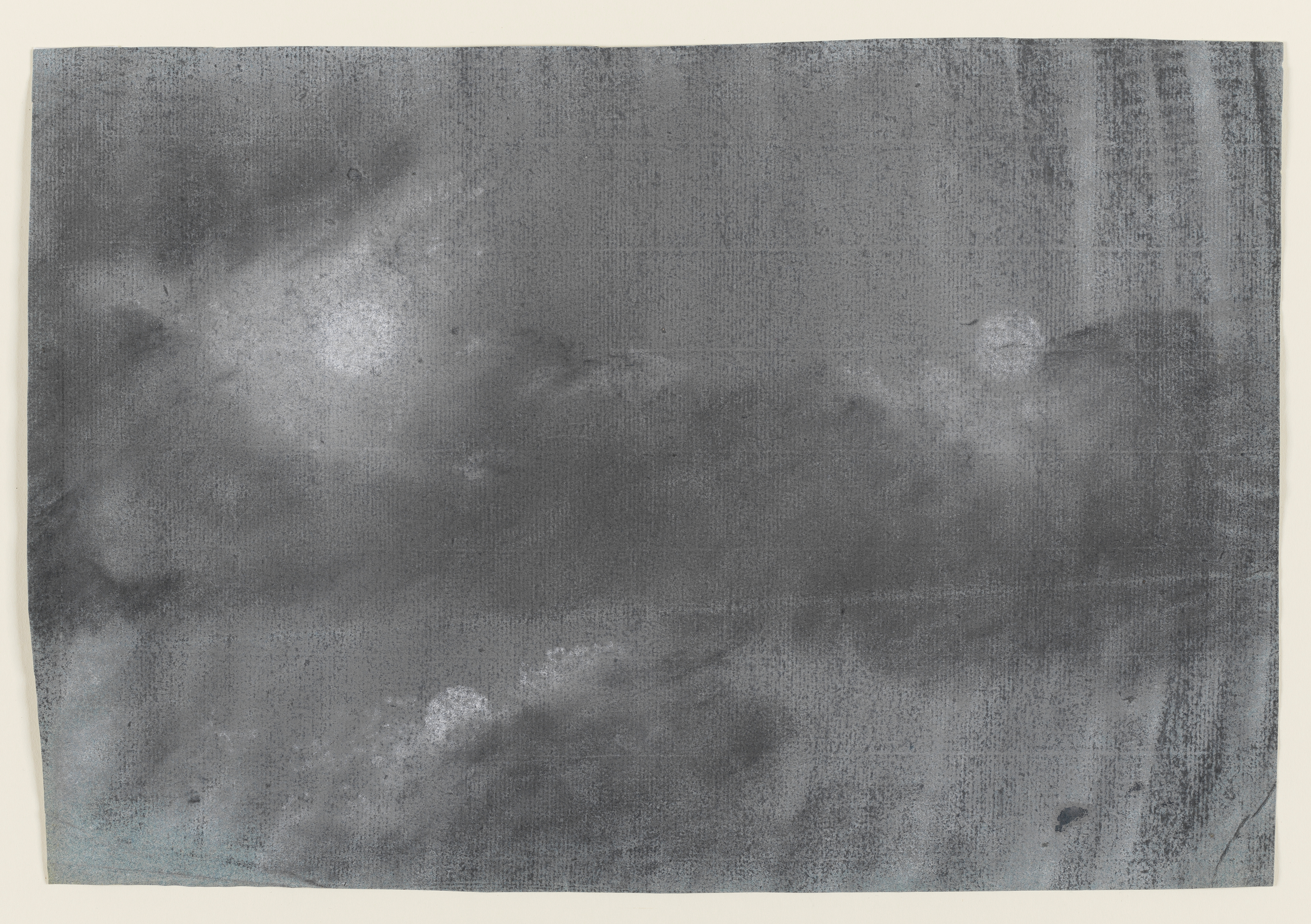 Study of clouds by moonlight, black and white chalks on light blue paper, late 1760's; Study of Clouds by Moonlight, c.1771; black and white chalks on light blue paper; 9 5/8 x 14 in (24.5 x 35.6 cm).; Study of clouds by moonlight 9.625 in x 14 in, black and white chalks on light blue paper; From an archive of 82 sheets of drawings by and associated with Joseph Wright, dating from 1751-1769.; JAW : 23.9.1996