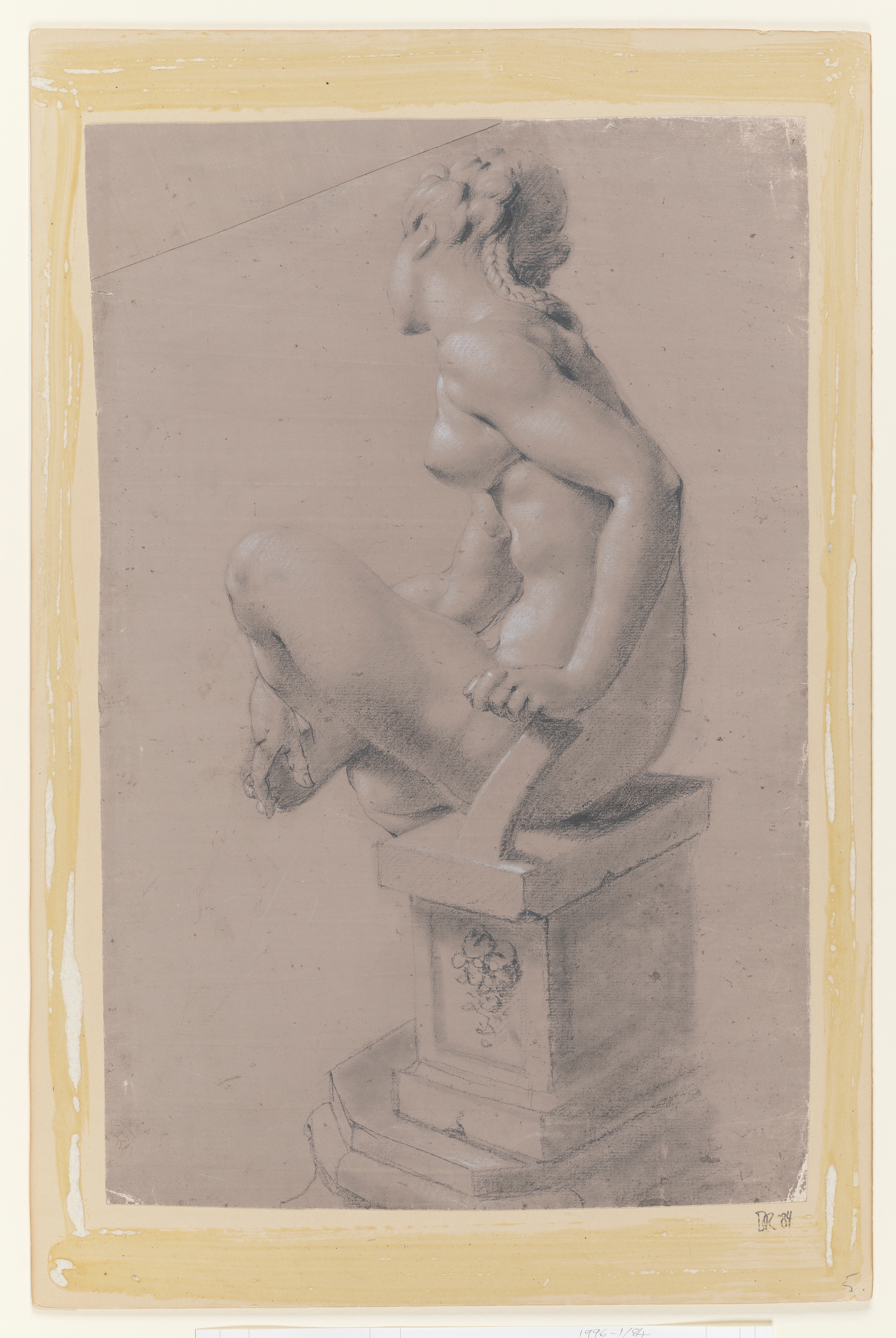 Drawing of a nude female figure seated on a plinth, holding her left foot. Identified as a study of a cast of 'Nymph Washing her Foot', by Adriaen de Vries. She is seen from the left side, facing away from the viewer. here is a triangular insert of the same prepared paper at the top left of the sheet. Made by Joseph Wright of Derby (1734-1797), after Adriaen de Vries (c. 1556-1626), c.1760-1769. Black and white chalks on grey-brown prepared paper. Pasted onto board. Displayed in a cream window mount.