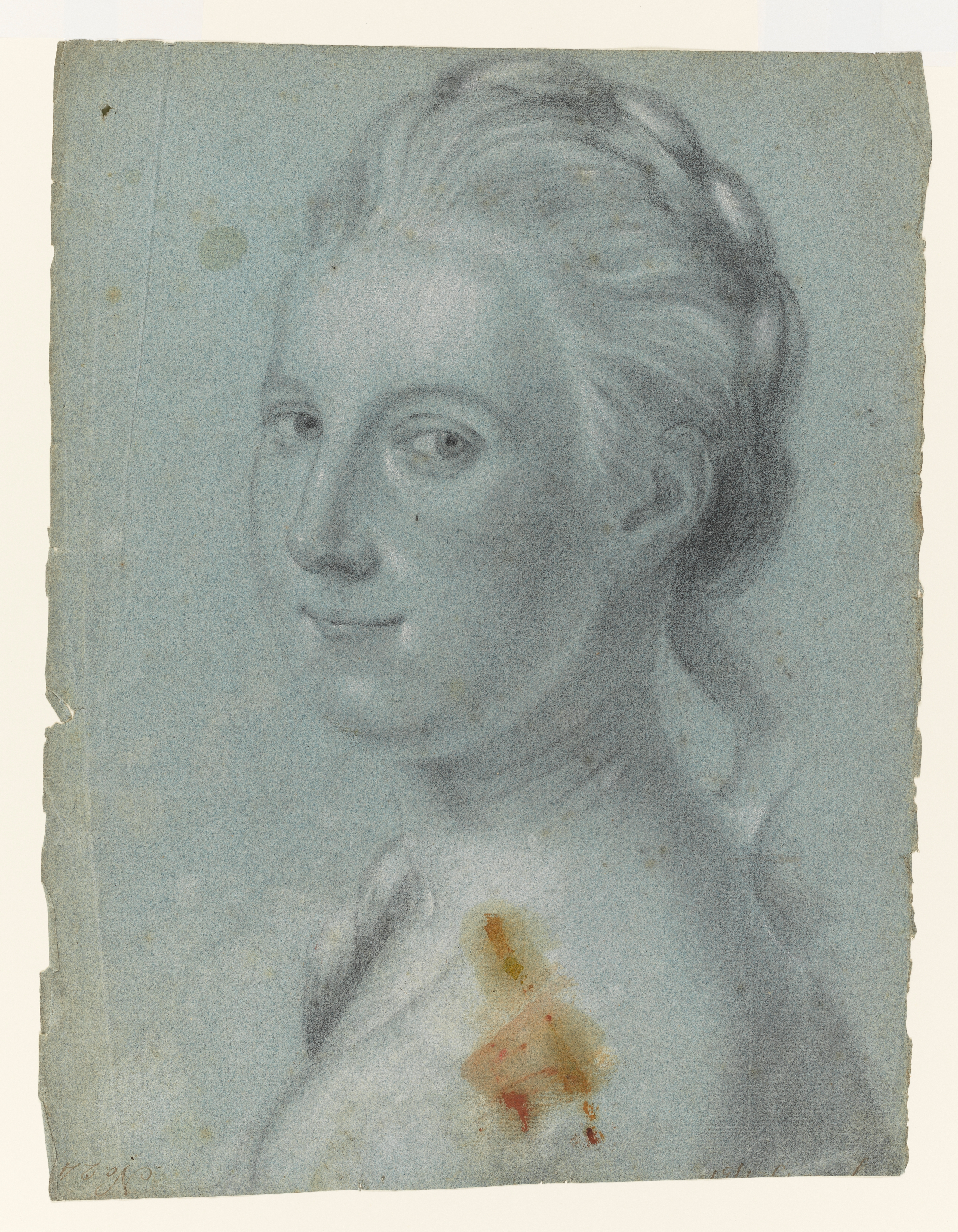 Study of a young woman facing left, looking over her shoulder. Her hair is dressed with two loose tendrils falling down her back and shoulder. Inscribed '1751... No. 24' lower left, upside down (handwritten in ink). Made by Joseph Wright of Derby (1734-1797), after an unknown artist (possibly Kneller or Mercier?), 1751. Black and white chalks on blue paper, in cream window mount.