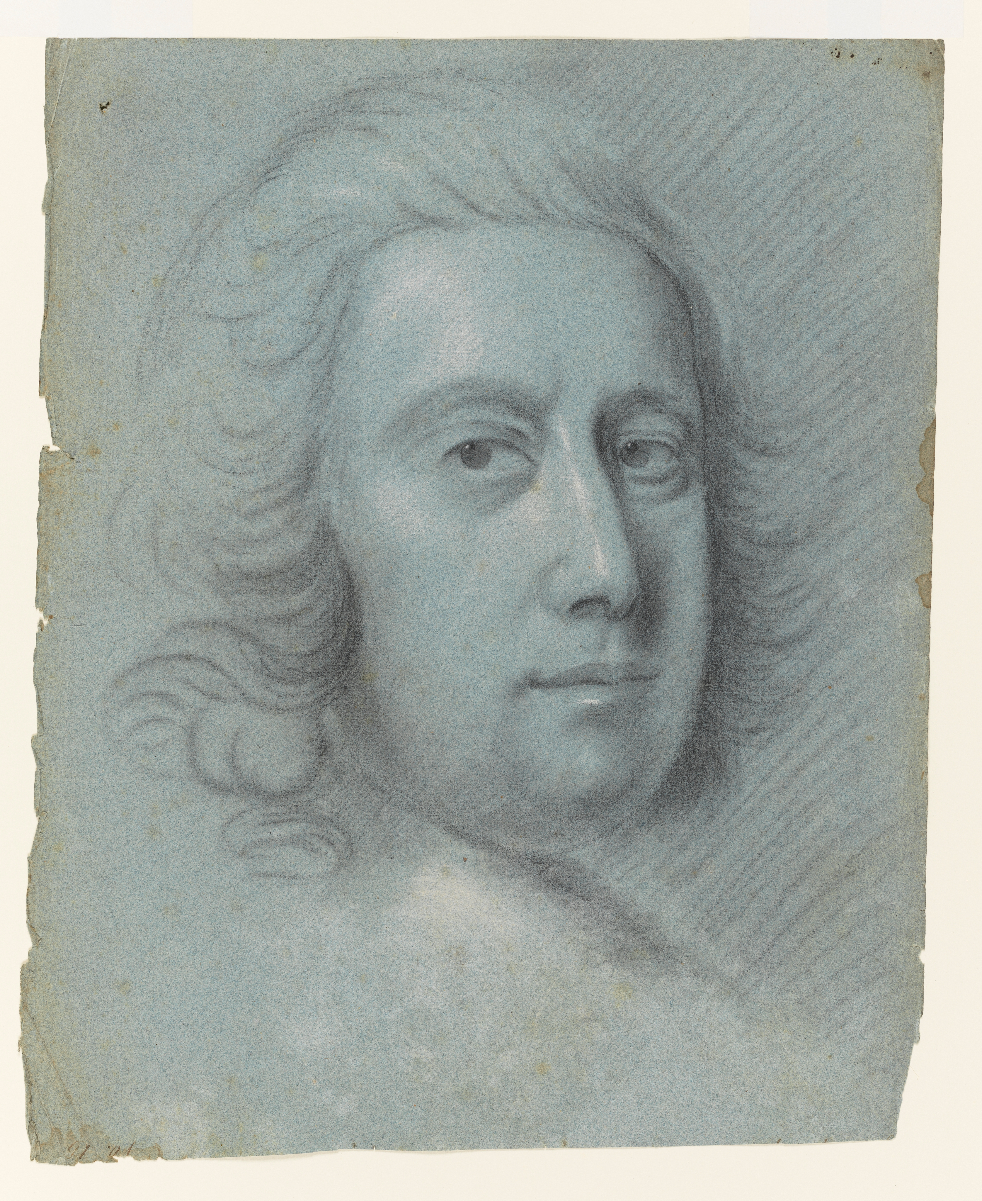 Study of a man, identified as Thomas Hudson, head only, facing slightly to the right. Inscribed upper left, upside down (handwritten in ink): 'No.15 - '. Made by Joseph Wright of Derby (1734-1797), c. 1751. Black and white chalk on blue paper, in cream window mount.