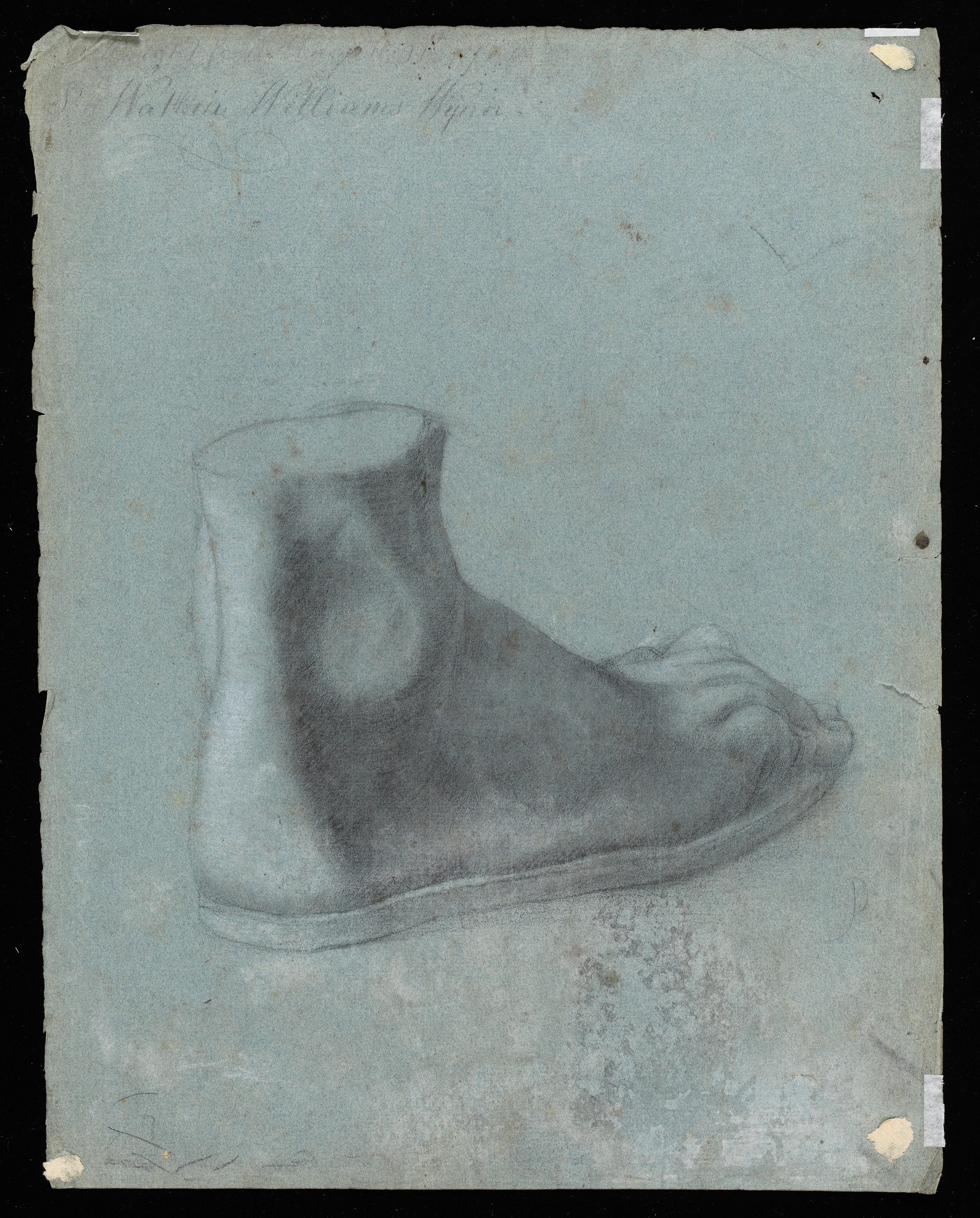 Study of a foot, after the Antique, seen from behind. Inscribed 'J. Wright f... May 1751 / 'Sr Watkin Williams Wynn' to upper left. Made by Joseph Wright of Derby (1734 - 1797). Black and white chalk on blue paper, in cream window mount.