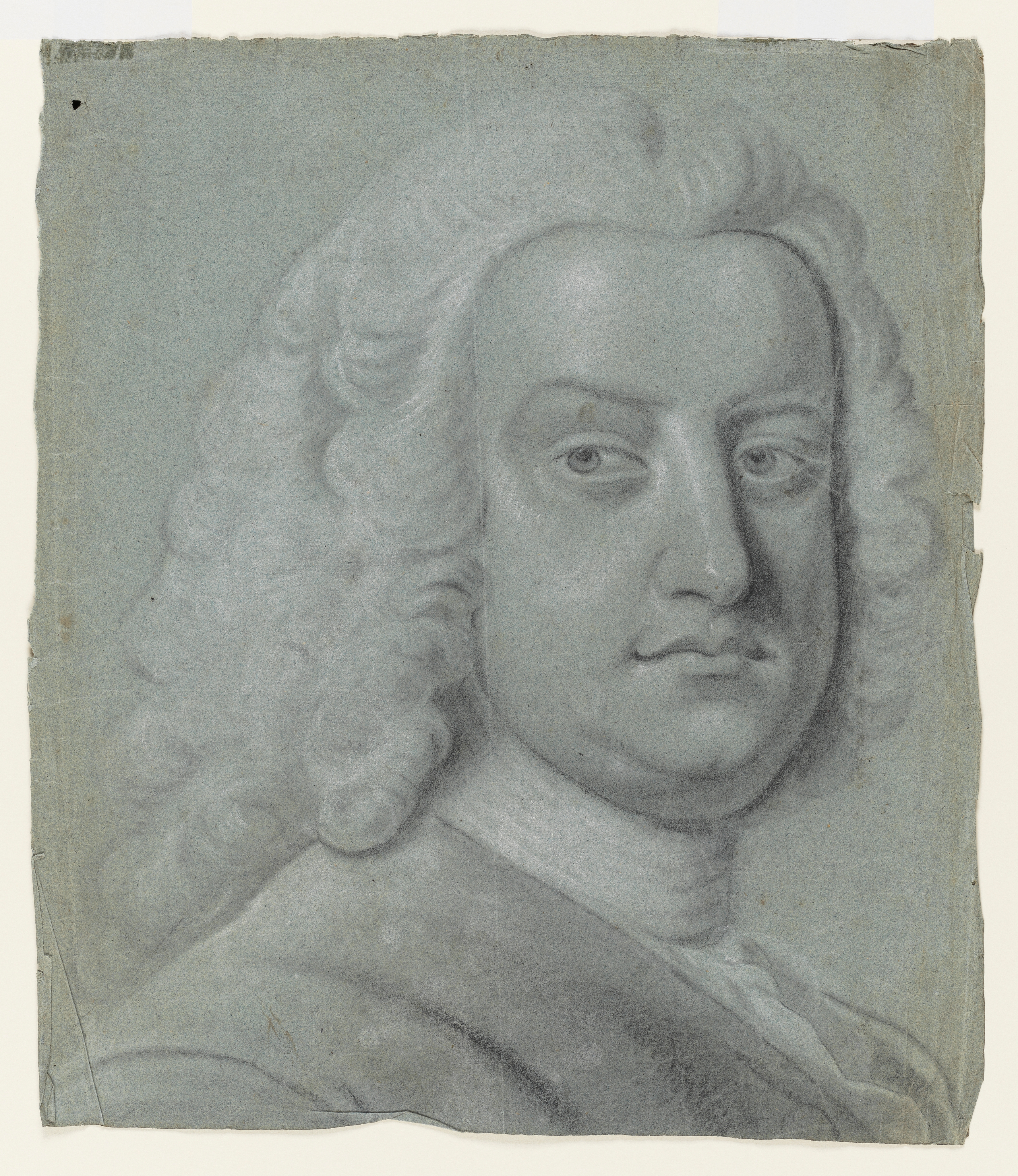 Study of a portrait of Sir John Philipps, after John Faber Junior, after Thomas Hudson. The sitter faces the viewer with his body turned to the right. He wears a light coloured, shoulder-length wig, white neck stock with jabot frills below, and a collarless coat. Inscribed on the verso, lower left (handwritten in red chalk): 'Jos. Wright fecit. September 2[illegible] 1751 / Sr. John Philipps'. Made by Joseph Wright of Derby (1734-1797), after John Faber Junior (1694-1756), after Thomas Hudson (1701-1779), 1751. Black and white chalk on blue paper. Displayed in a cream window mount.
