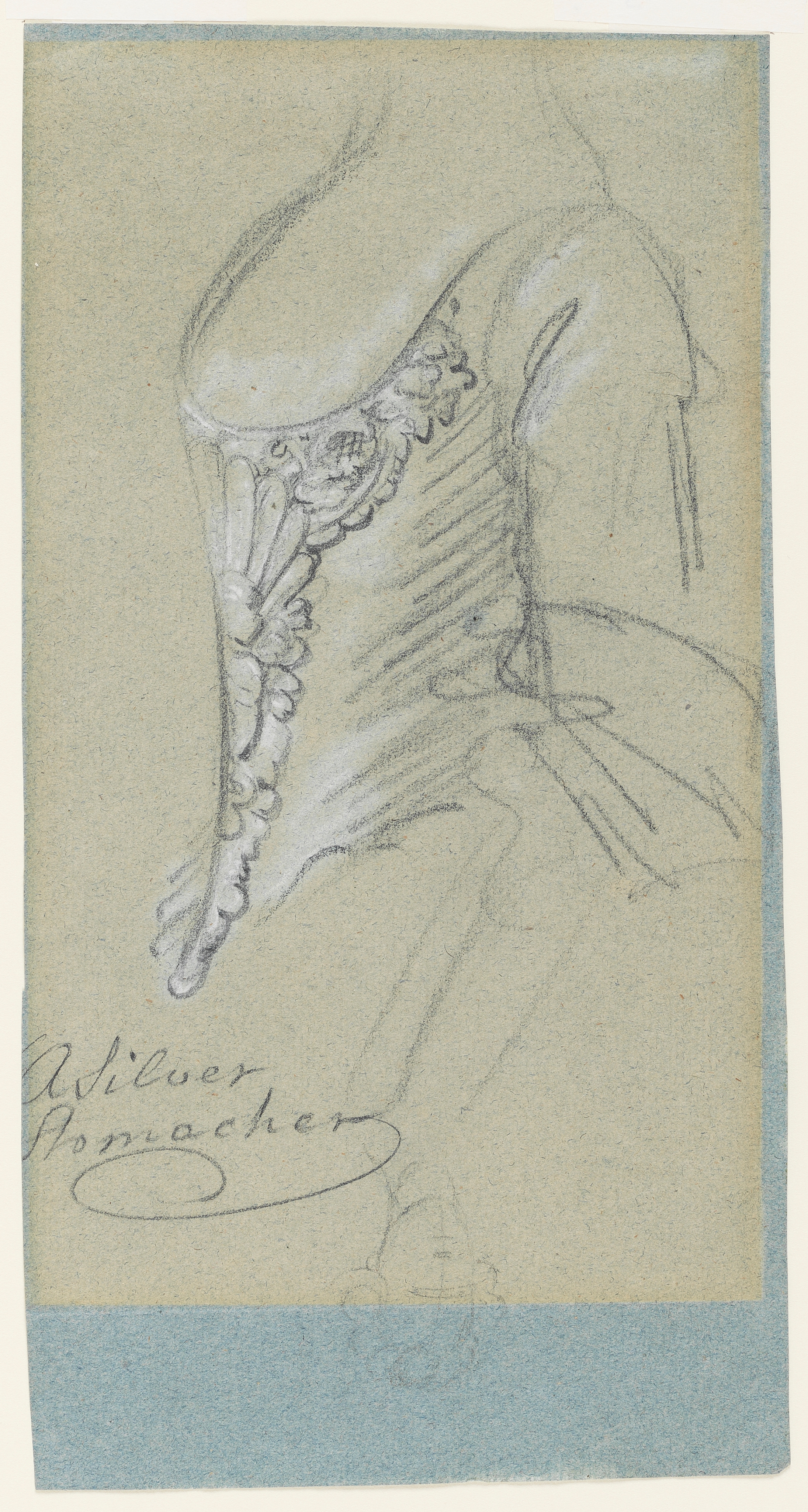 Study of a Lady's 'Silver Stomacher' after Allan Ramsay. Black and white Chalk on blue paper. This study is very close to Allan Ramsay's portrait of The Hope Children : Lady Elizabeth Hope and her Brother Charles, Lord Hope, (Allan Ramsay Scottish National Portrait Gallery Catalogue 1992 Alastair Smart, No 25 ) but could have been copied from a study by Joseph van Aken.