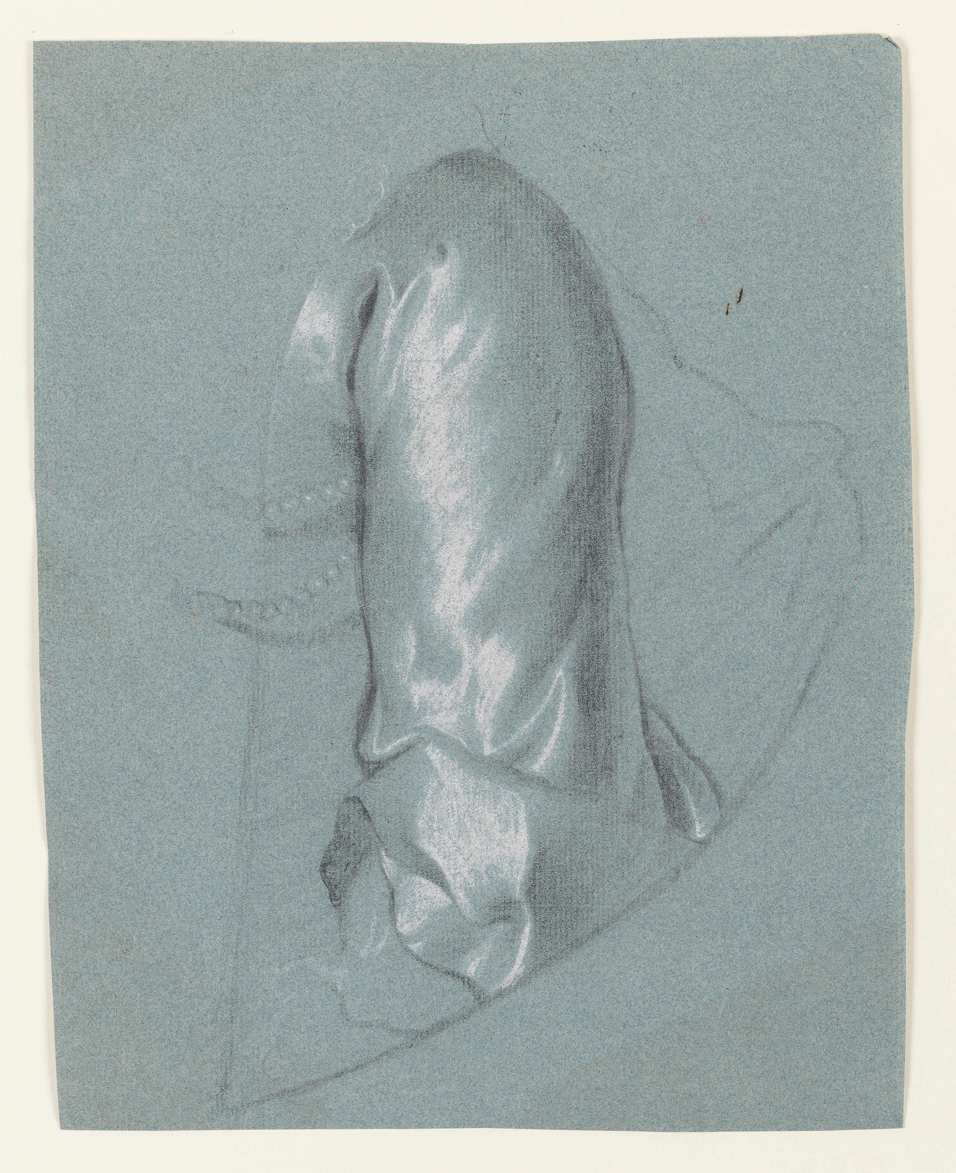 Study of a woman, her head turned slightly to the right, holding a mask in her left hand. She wears an elaborately decorated hat and an open-fronted gown. Drawn by Joseph Wright of Derby (1734 - 1797). Black and white chalk on blue laid paper displayed in a cream window mount.