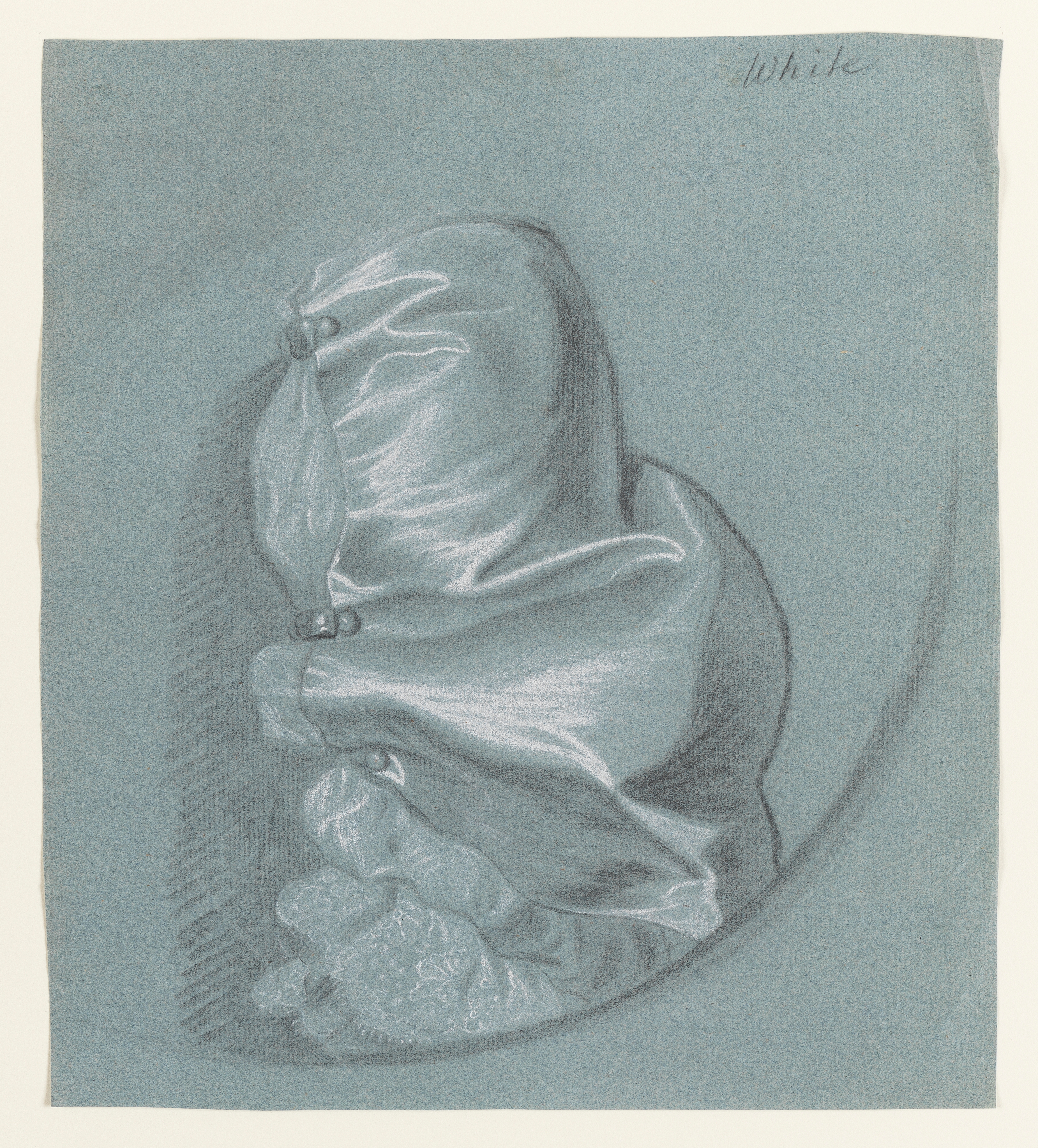Study of a Lady's Satin Slashed Sleeve with Pearl Detail and a Lace Cuff. Black and white chalk on blue paper. This study is very similar to 1999-76/50 in the first Joseph Wright Archive. It is very close to Wright's portrait of Miss Catton, Nicolson cat. 34, plate 31.