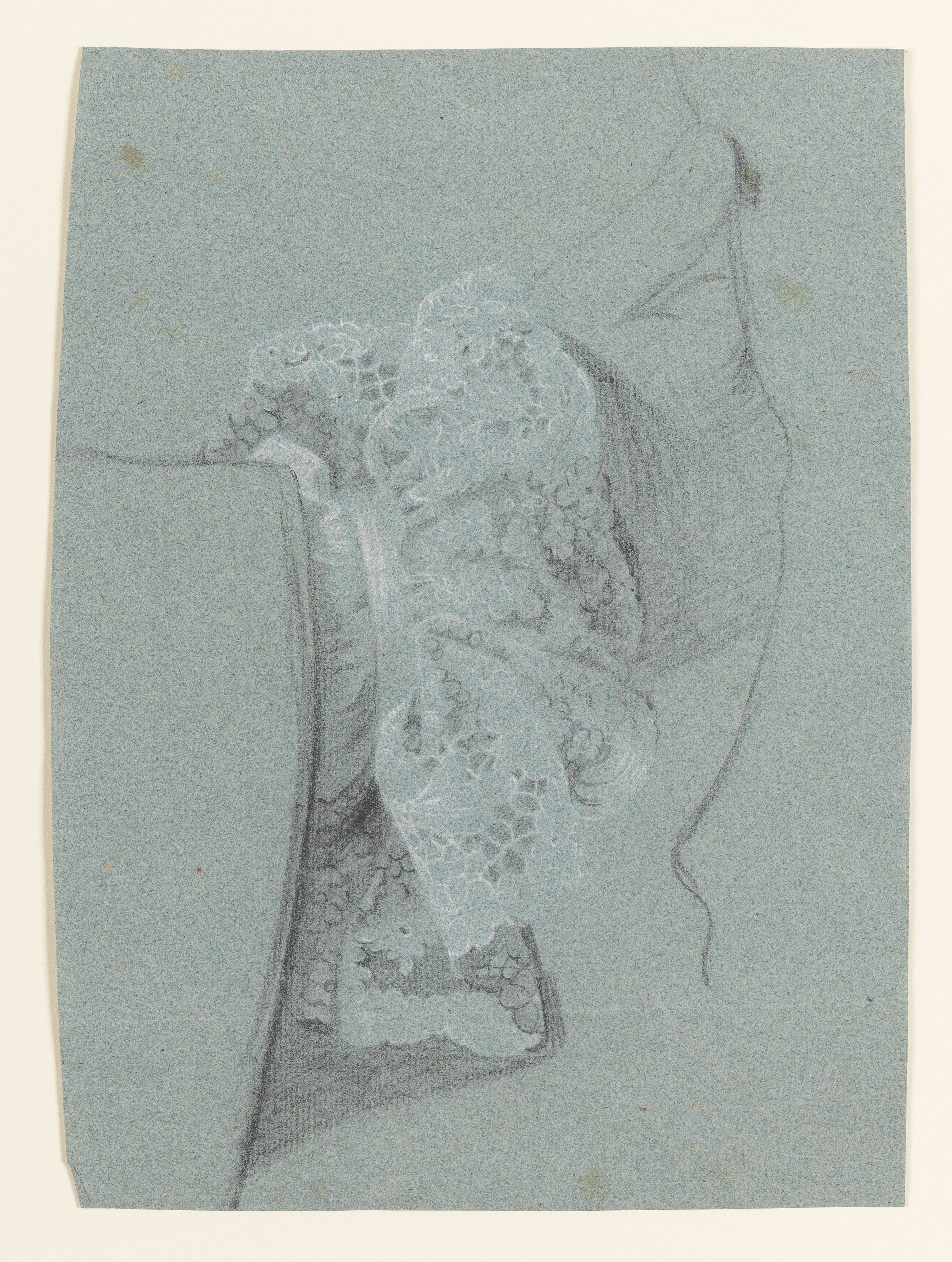 Study of a Gentleman's Hand in a Lace Cuff. Black and white chalk on blue paper. This study is very similar to other examples in the first Joseph Wright Archive. See also the portrait of Thomas Bennett 1961-510, Nicolson, plate 30.