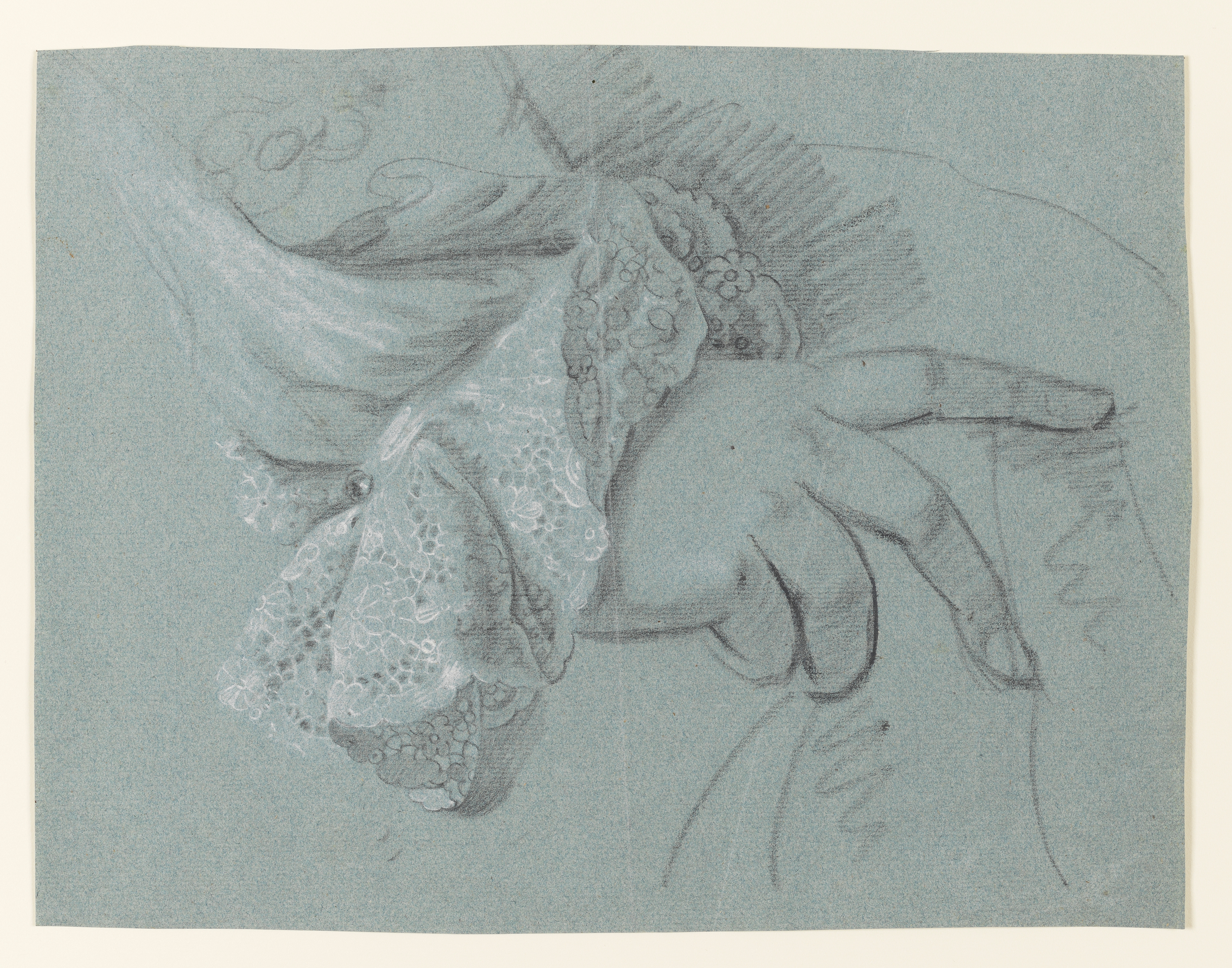Study of a Gentleman's Hand in a Lace Cuff. Black and white Chalk on blue paper. This study is similar to 1996-1/43, 1996-1/,44, 1996-1/45, 1996-1/47, 1996-1/49, in the first Joseph Wright Archive, and 1999-76/19. See also Wright's portrait of William Pigot, Nicolson, plate 23.