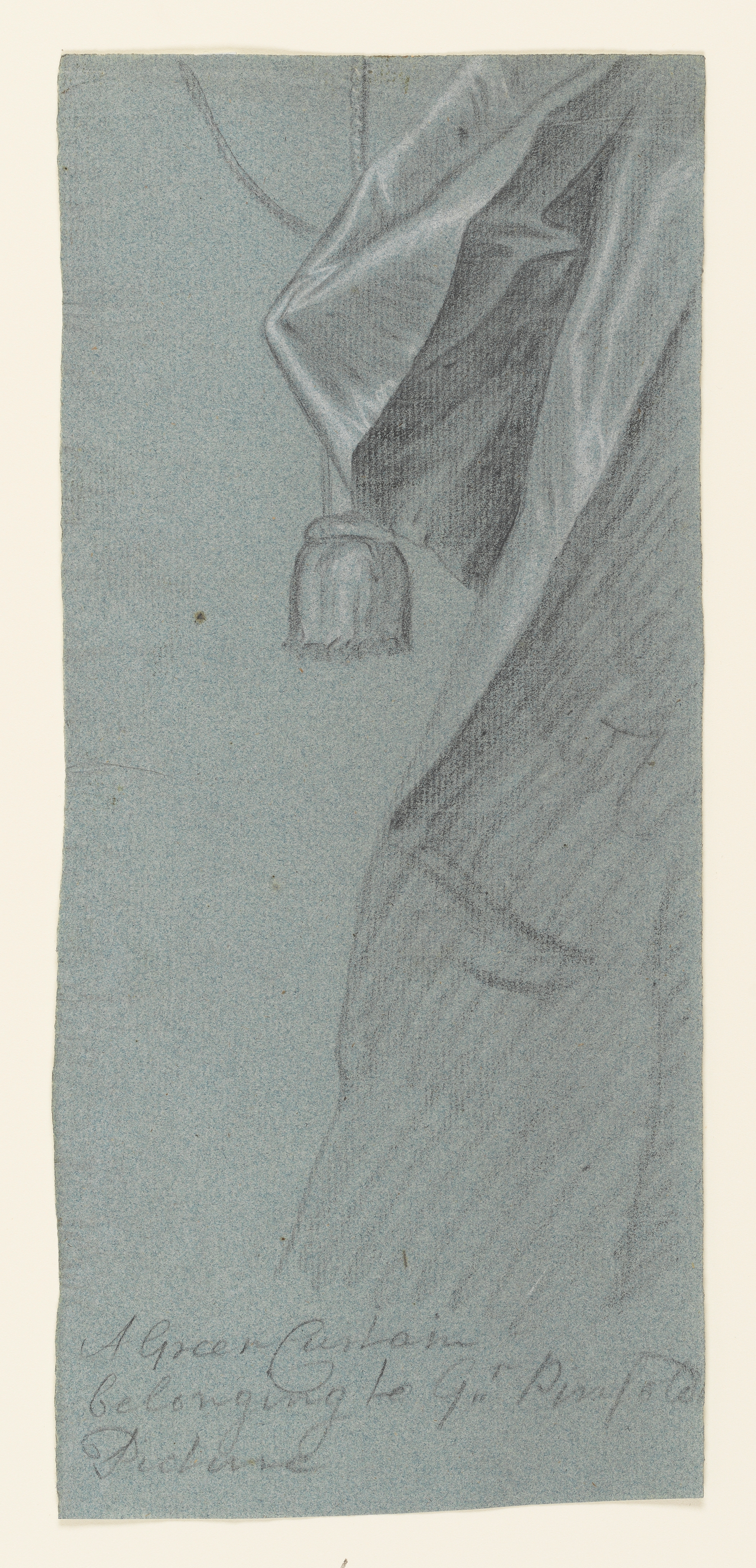 Study of a woman, her head turned slightly to the right, holding a mask in her left hand. She wears an elaborately decorated hat and an open-fronted gown. Drawn by Joseph Wright of Derby (1734 - 1797). Black and white chalk on blue laid paper displayed in a cream window mount.