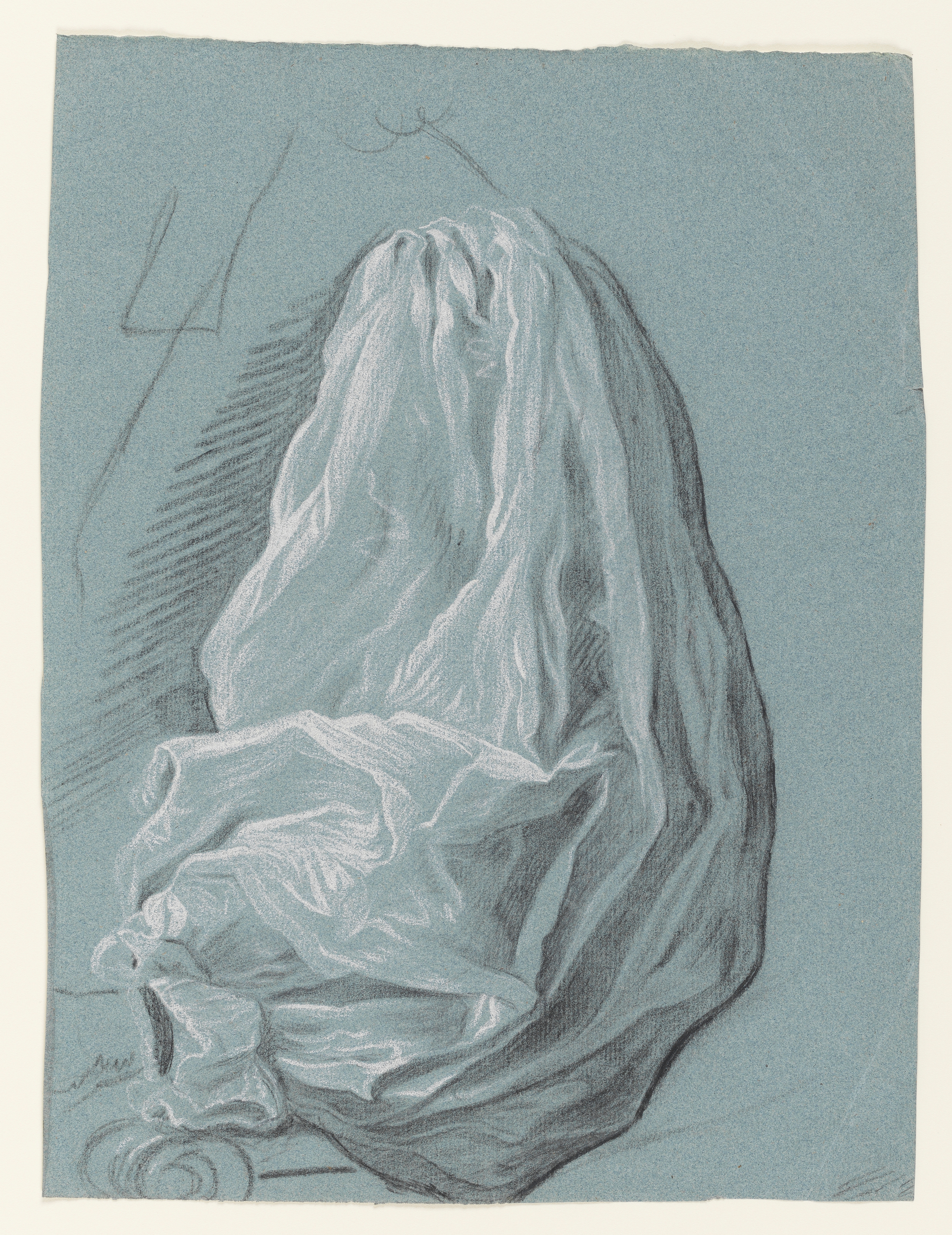 Study for a Portrait of an Unknown Gentleman, Three-quarter Length Standing. Black and white chalk on blue paper. This drawing appears to be a study after a Hudson type portrait, but the original has not been identified. The pose appears to be a full length version of the pose used for Wright's portrait of Thomas Bennett 961-510.