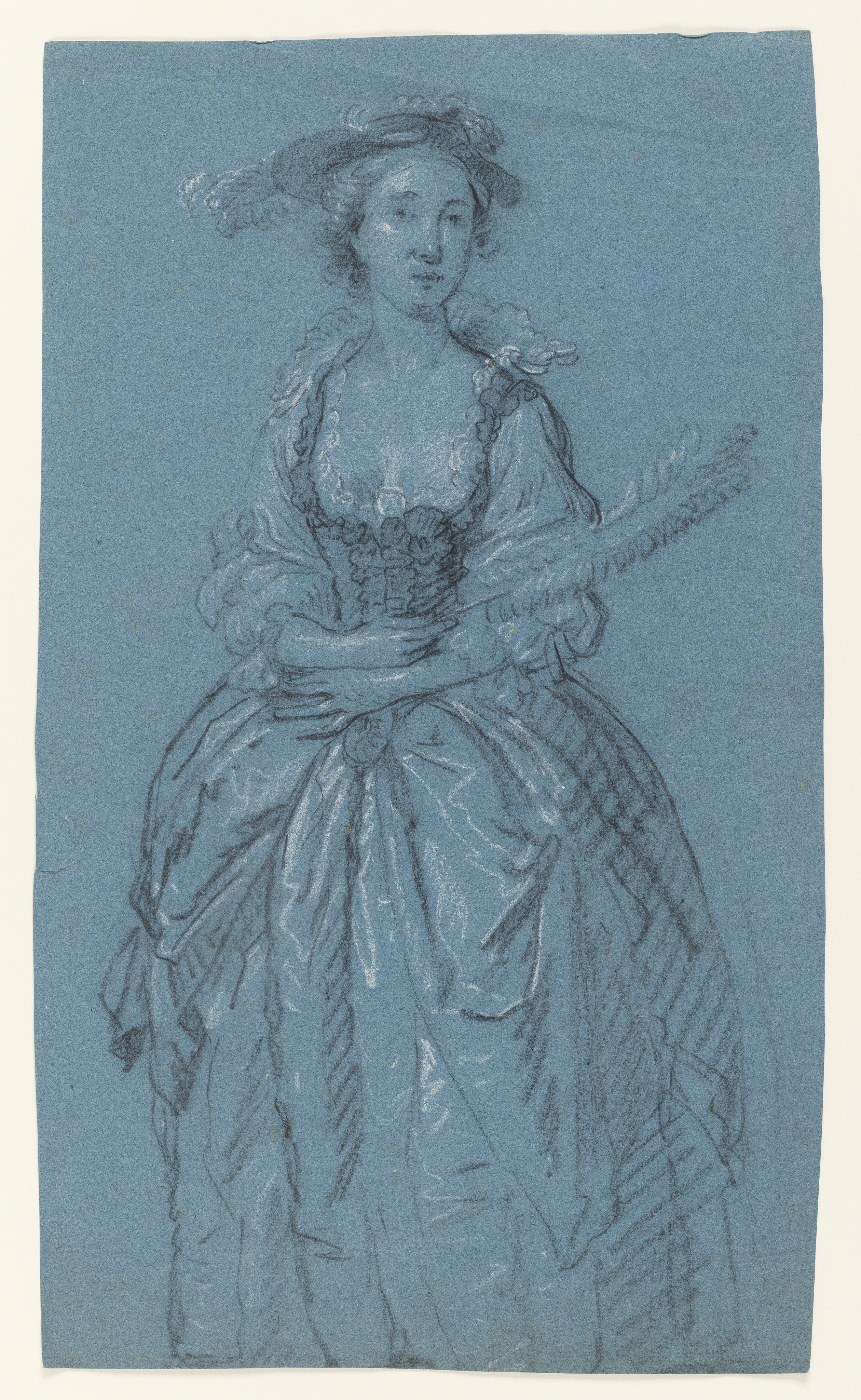 Study after Ruben's Portrait of his Wife by unknown Artist believed to be Joseph van Aken. Black and white Chalk on blue paper. There is a similar Joseph van Aken drawing in the National Gallery of Scotland, illustrated on the Allan Ramsay Catalogue, pl. 32. This drawing is on distinctly different darker paper than the studies by Wright in this archive.