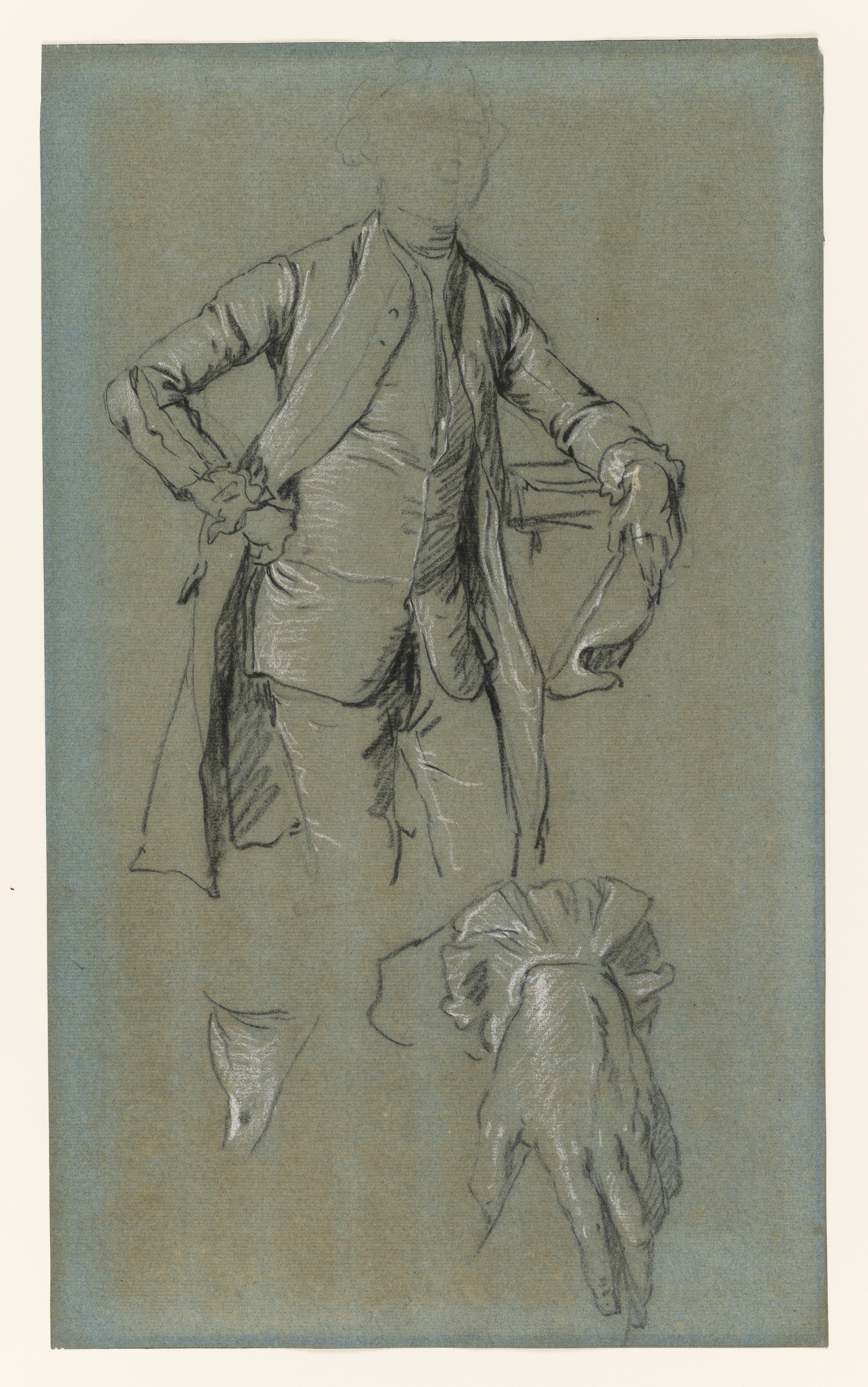 Studies of a Gentleman three-quarter standing, a hand and a Cravat(?), studio of Allan Ramsey, unknown artist believed to be Joseph van Aken. Black and white chalk on blue paper. 1996-1/85 in the first Wright Archive is an offprint, or Impression of this drawing. The drawing is very similar to Allan Ramsay's portrait of the Hon. John Bulkeley Coventry, 1740, (collection Earl of Coventry). This impression was instrumental in obtaining funding for the Archive to be purchased, as it proved that the two Archives were at one time linked. It shows that this drawing and 1996-1/85 had been stored together for some considerable time to allow the 'imprint' to have been made.