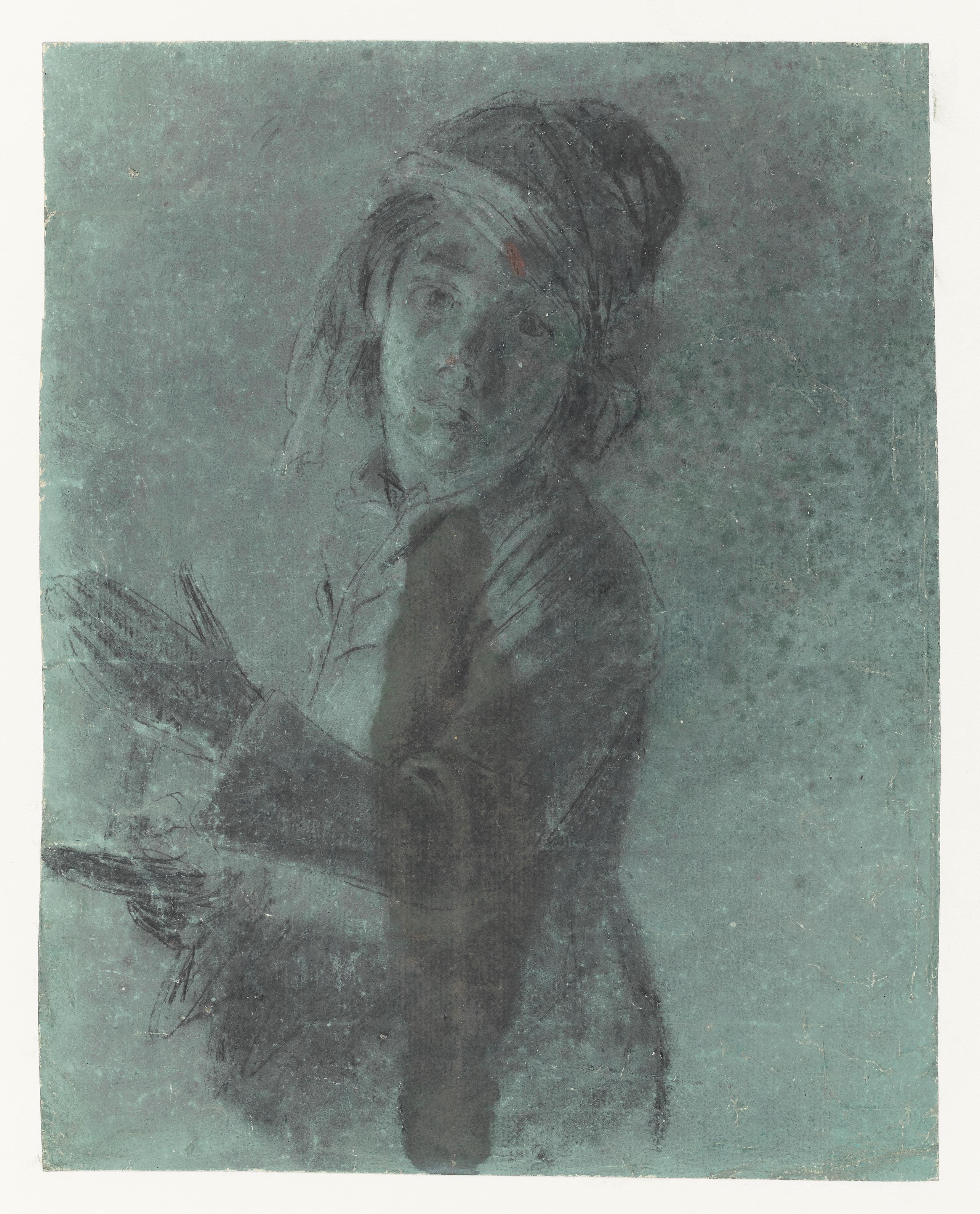 Study after Ruben's Portrait of his Wife by unknown Artist believed to be Joseph van Aken. Black and white Chalk on blue paper. There is a similar Joseph van Aken drawing in the National Gallery of Scotland, illustrated on the Allan Ramsay Catalogue, pl. 32. This drawing is on distinctly different darker paper than the studies by Wright in this archive.