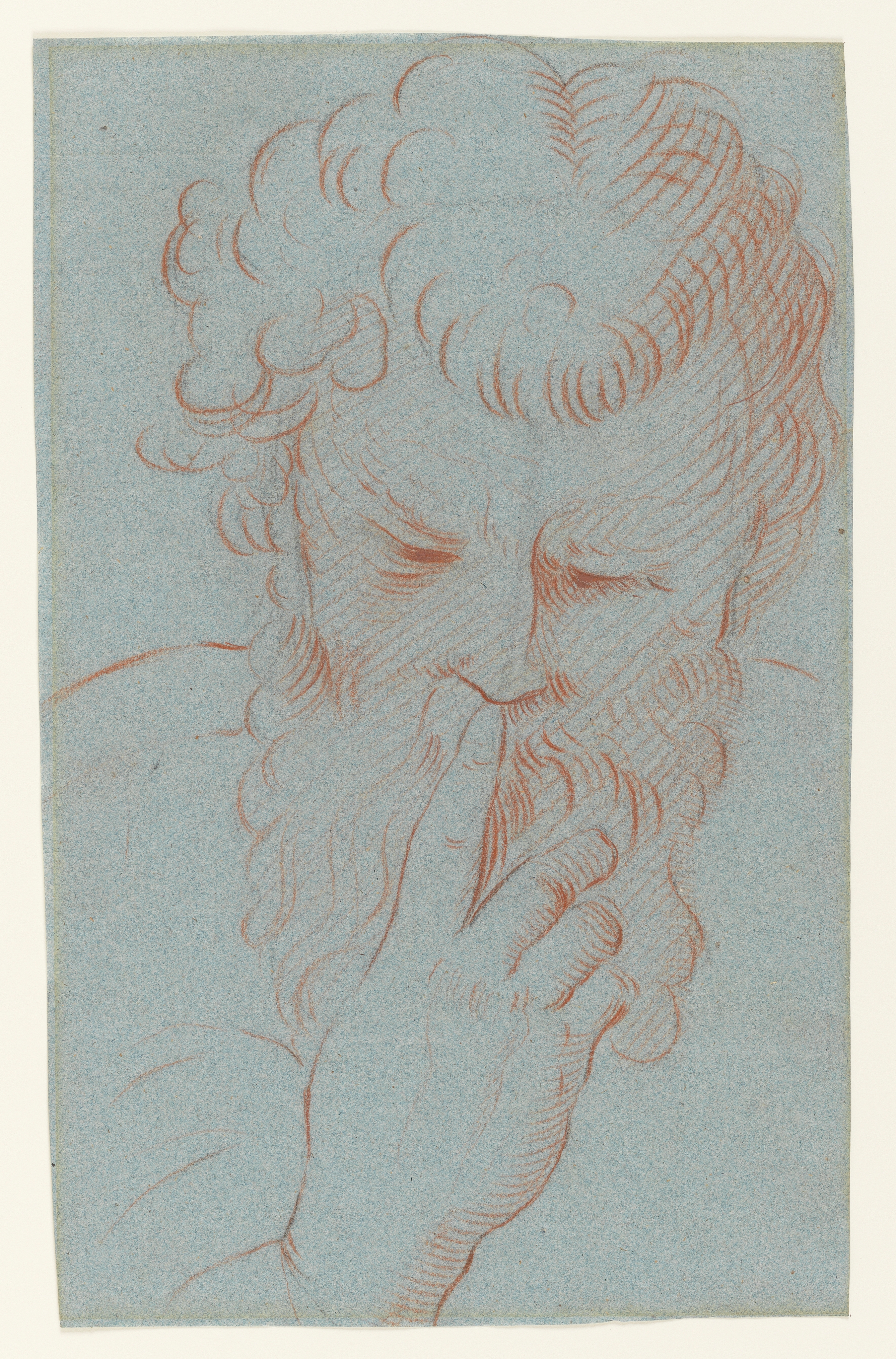 Study after Ruben's Portrait of his Wife by unknown Artist believed to be Joseph van Aken. Black and white Chalk on blue paper. There is a similar Joseph van Aken drawing in the National Gallery of Scotland, illustrated on the Allan Ramsay Catalogue, pl. 32. This drawing is on distinctly different darker paper than the studies by Wright in this archive.