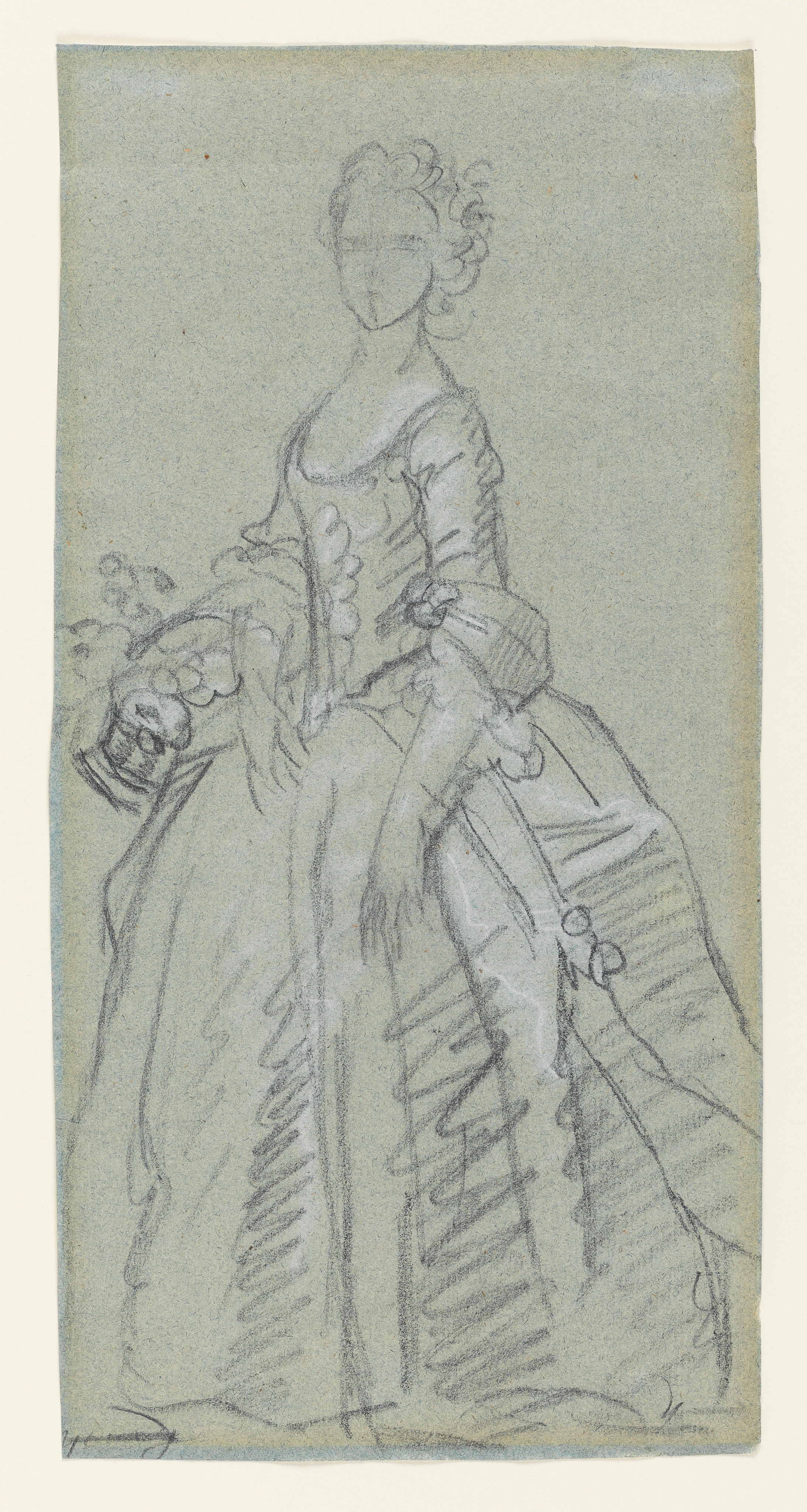 Study after Ruben's Portrait of his Wife by unknown Artist believed to be Joseph van Aken. Black and white Chalk on blue paper. There is a similar Joseph van Aken drawing in the National Gallery of Scotland, illustrated on the Allan Ramsay Catalogue, pl. 32. This drawing is on distinctly different darker paper than the studies by Wright in this archive.