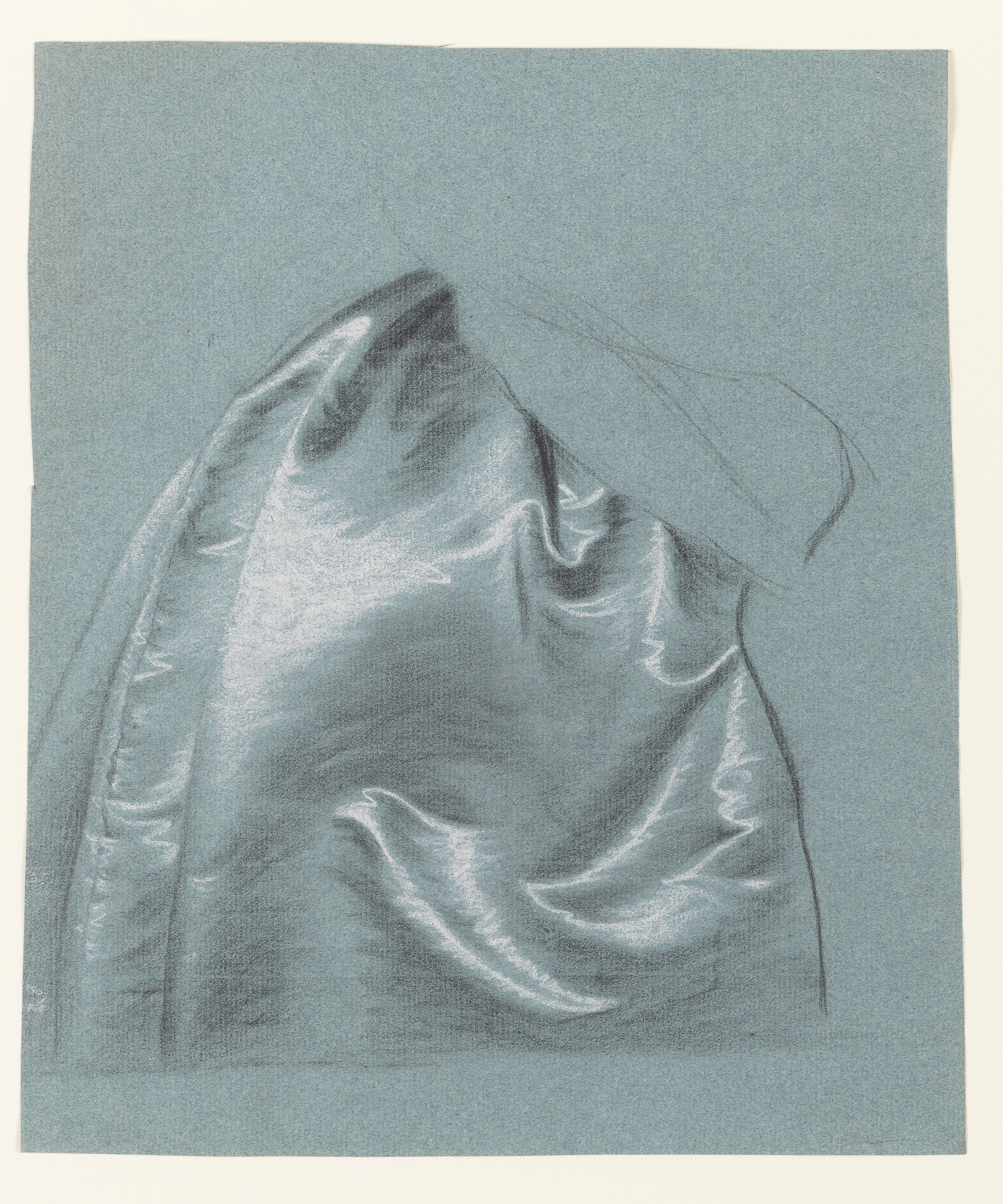 Study of Detail of a Women in a Satin Gown, modeled on Hudson's Portrait of Charlotte Compton. Black and white chalk on blue paper. This study is modeled on Hudson's portrait of Charlotte Compton. The drawing is squared, which may suggest copying from the larger portrait.