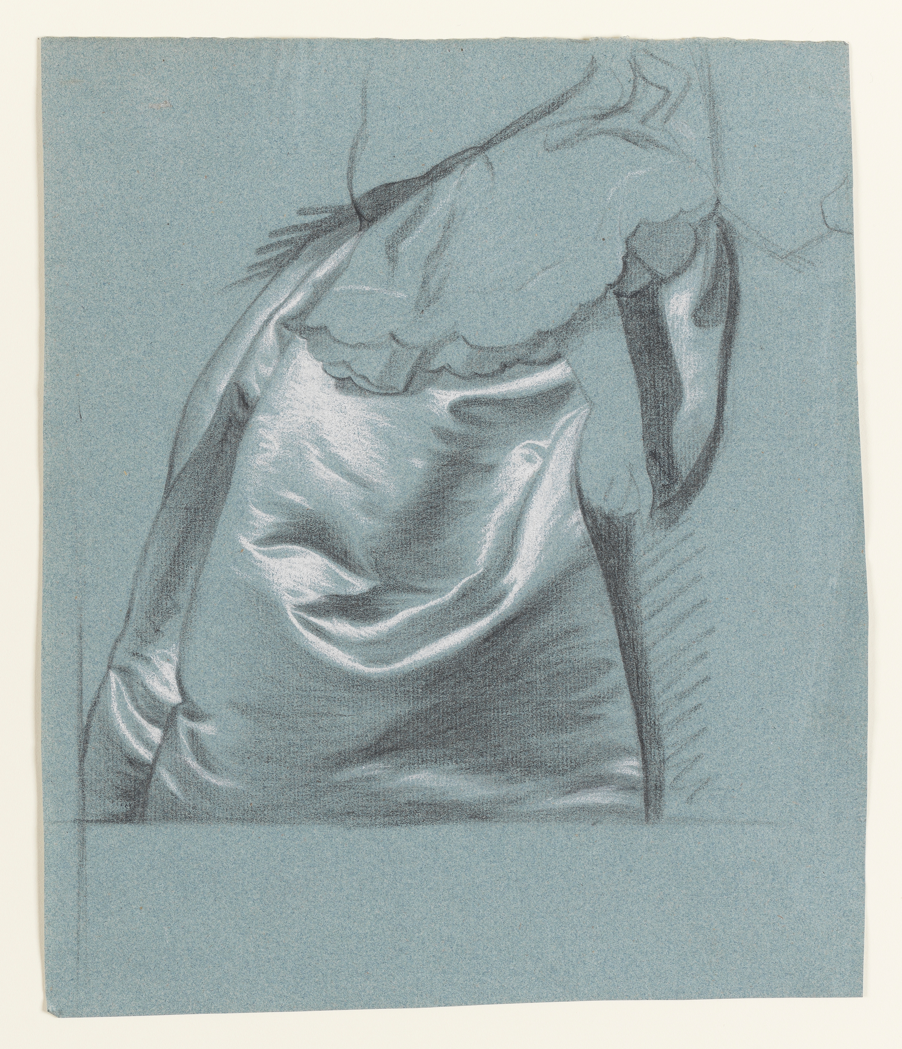 Study of part of a Lady's Satin Gown. Black and white Chalk on blue paper. This study is similar to Hudson or early Wright drapery.