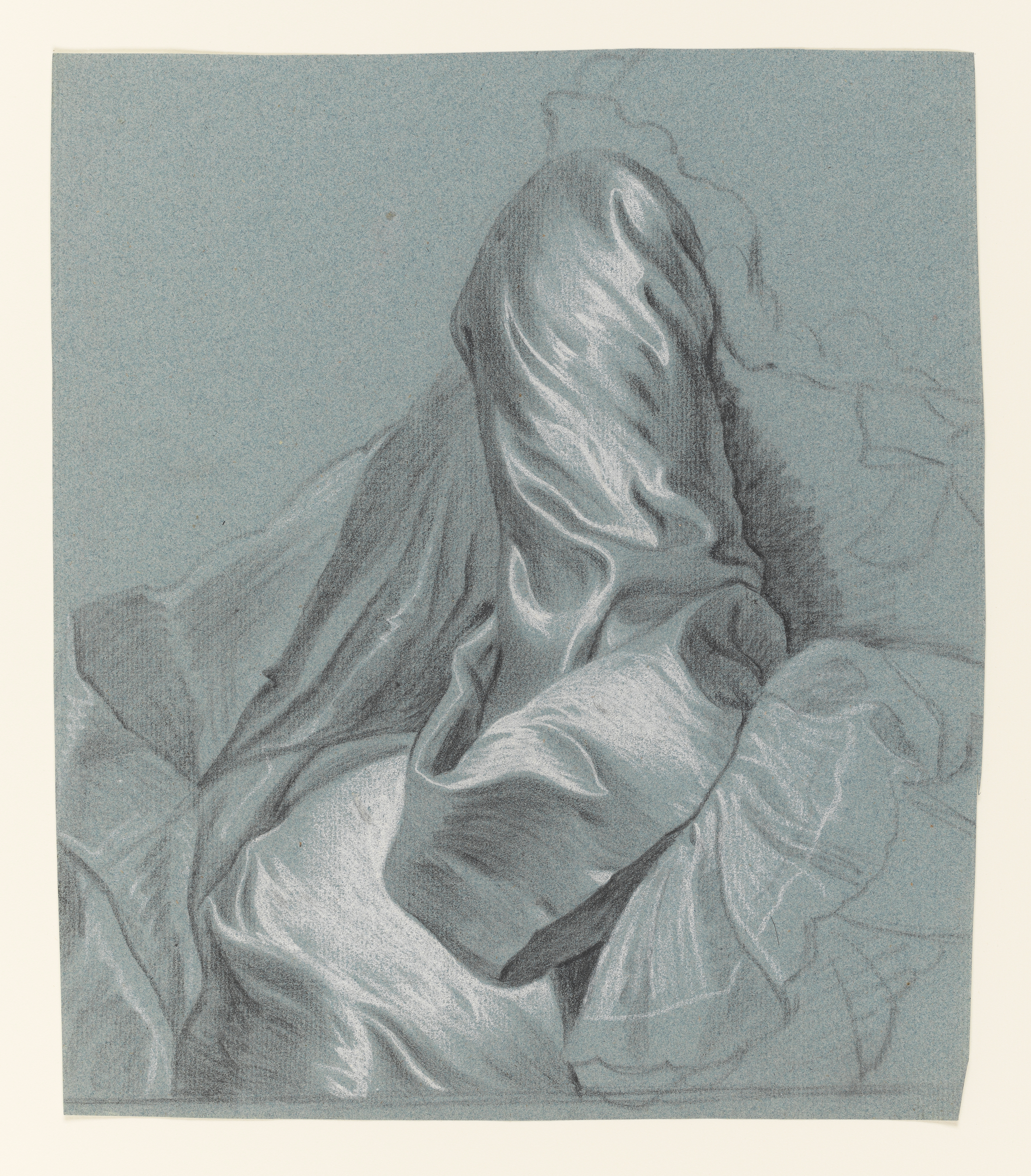 Study of a Lady's Satin Sleeve. Black and white Chalk on blue paper. This study relates to 1999-76/9. The shape of the satin sleeve (but not the lace) is similar to Nicolson, (plate.24) of Mrs. Pigot.