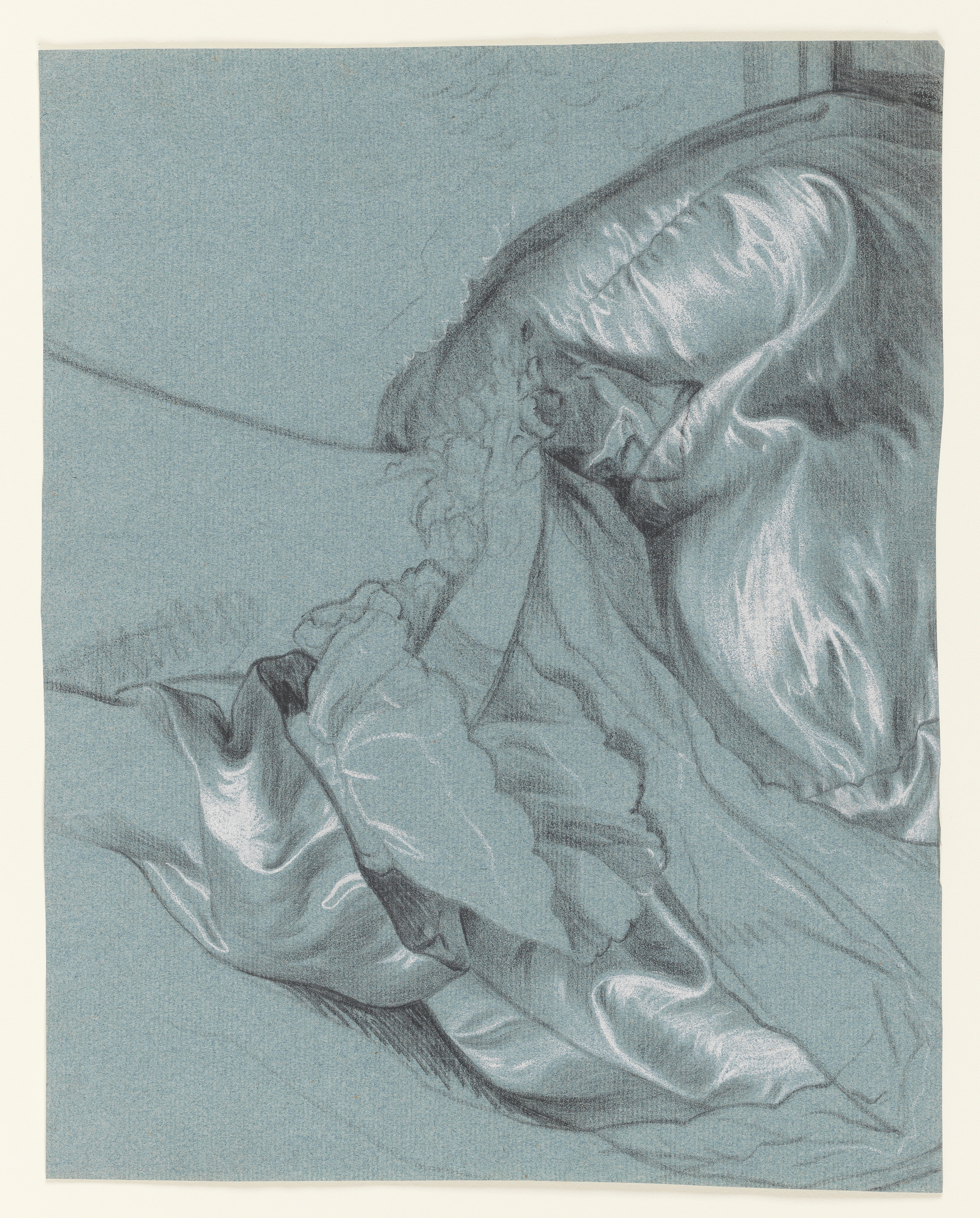 Study of a Detail of a Lady in a Satin Gown holding a posy, after Hudson's Portrait of Elizabeth Cartwight. Black and white chalk on blue paper. This study relates to the lower right section of the gown used by Wright in the portrait of Mrs. Pigot. See also 1996-1/37 Compositional Study of a Lady: after Hudson's portrait of Elizabeth Cartwight, for a similar study.