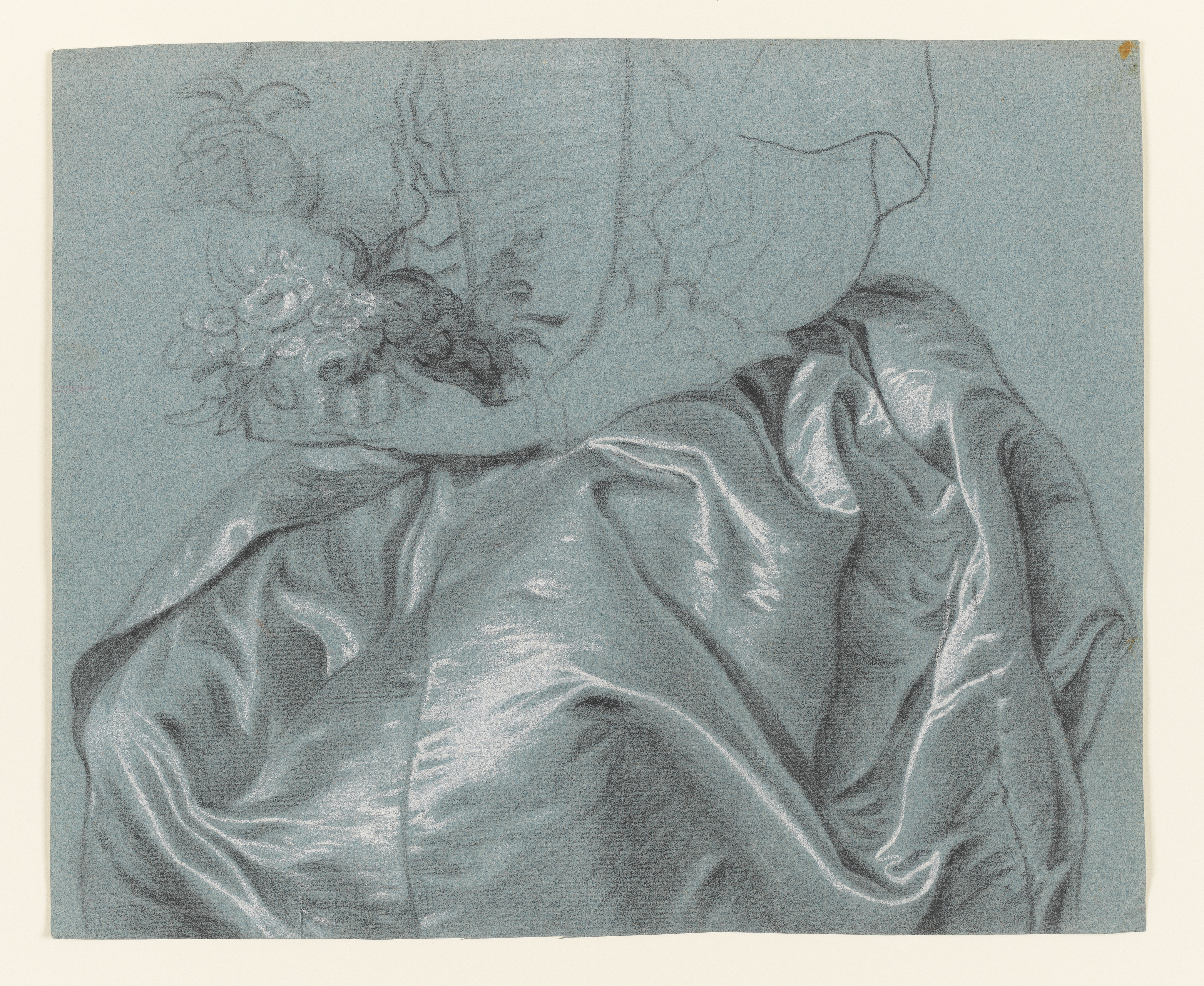 Study of a Lady in a Satin Gown holding a Basket of Flowers. Black and white chalk on blue paper. This study relates to Hudson's portrait of The Thistlethwayte Family, the pose is that of the girl on the right of the portrait. The basket of flowers is a stock motif in several Hudson and Wright portraits.