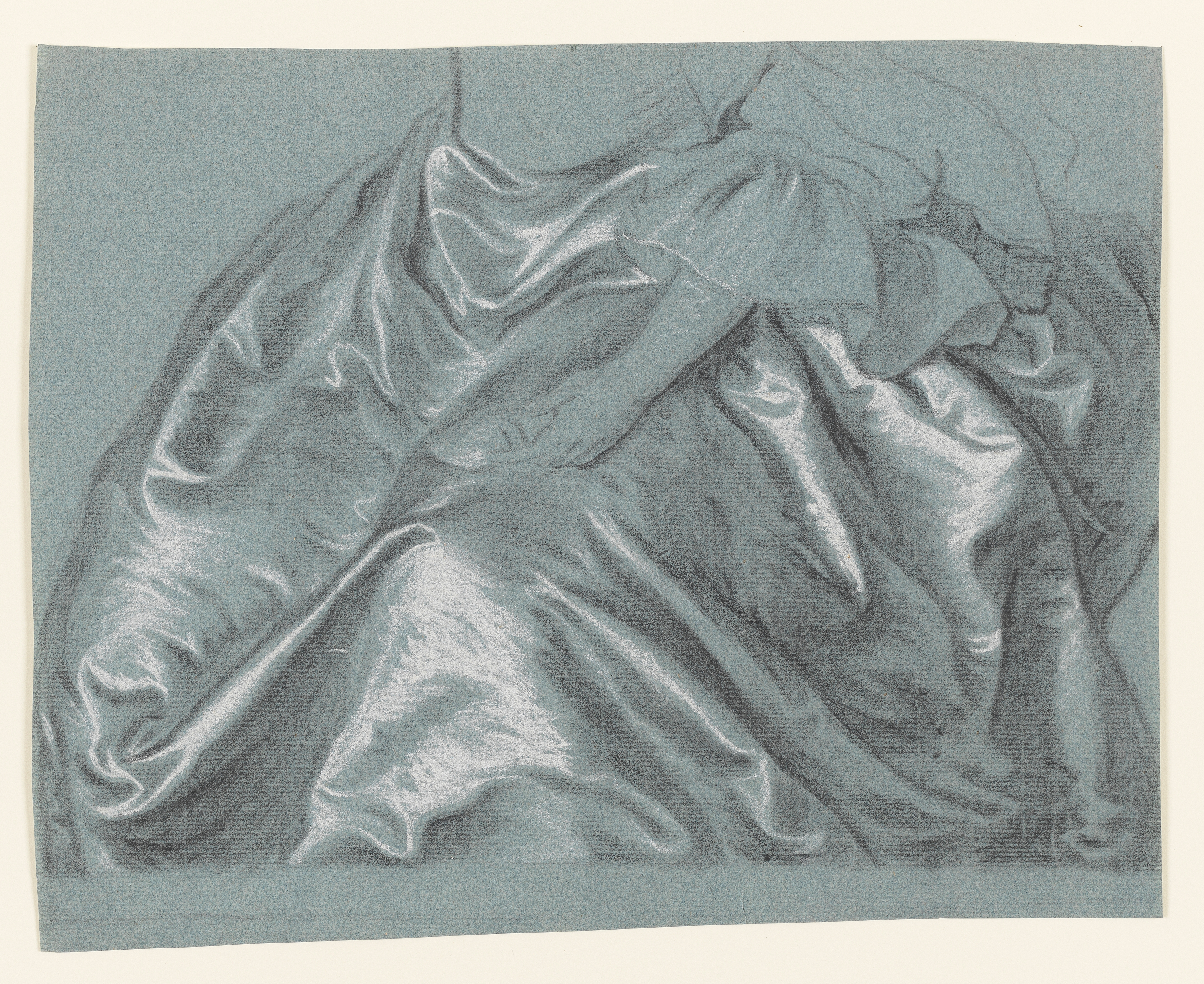 Study of a Detail Part of a Lady's Satin Gown. Black and white chalk on blue paper, 87/8 x 10 15/16 (22.3 x 27.8cms). This study is an adaptation of Thomas Hudson's portrait of Mrs Cartwright and is very similar to that shown in Nicolson plate 24, Mrs Pigot.