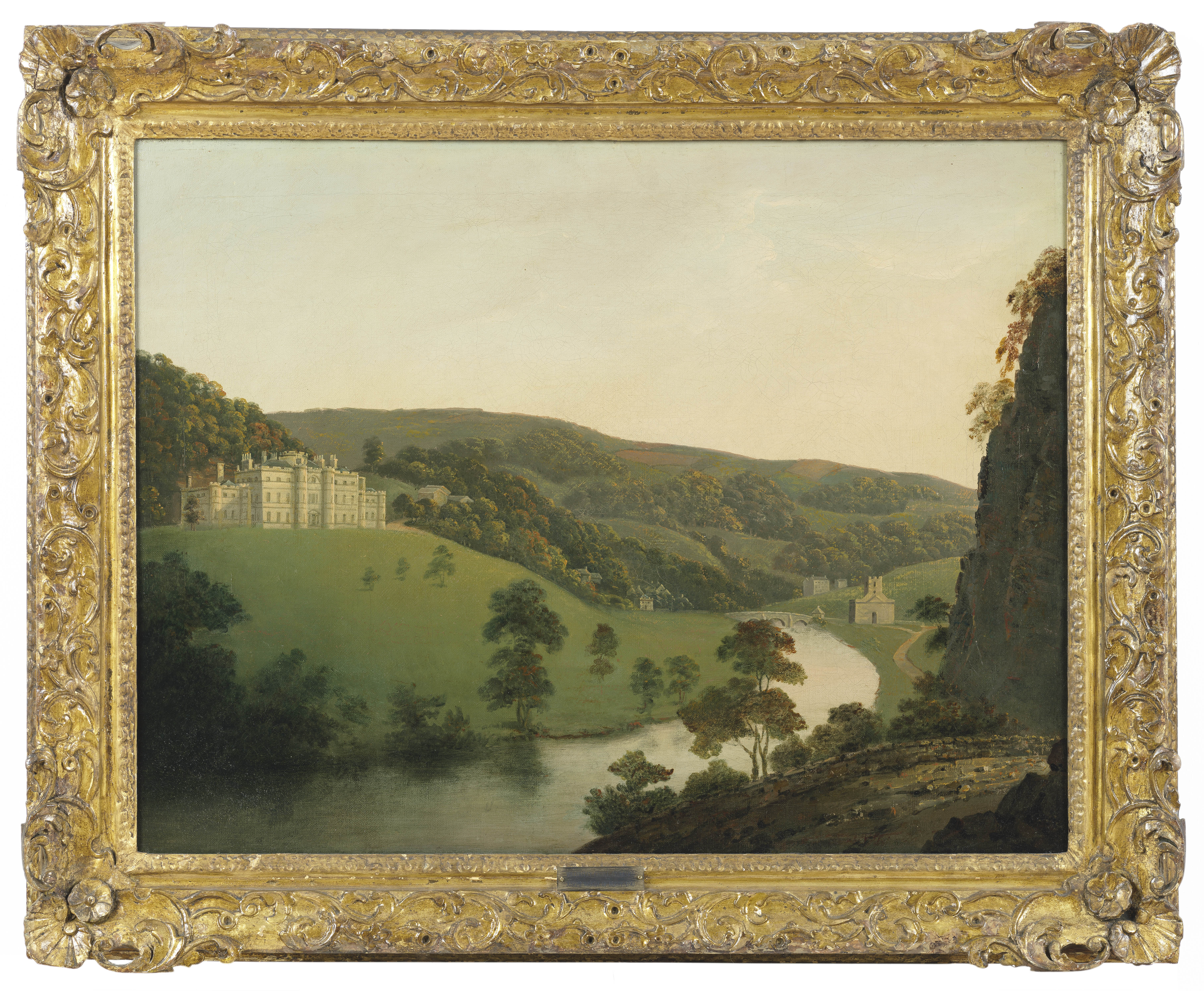 Painting of a landscape with a river running through its centre, identified as Willersley Castle and Cromford Bridge. To the left, sitting atop a grassy hill, is the large stone mansion called Willersley Castle, bathed in warm sunlight. Across the river is a church building. The right hand side of the canvas is dominated by a rocky outcrop. To the right of the foreground, a road is visible. Painted by Joseph Wright of Derby (1734 - 1797). Oil on canvas in gilded frame.
