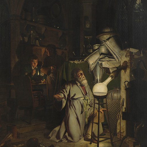 Painting of an alchemist kneeling before a glowing glass flask from which a jet of gas is being released. To his left two young, male assistants are working with a bunsen burner. One of them has stopped to turn and point towards the alchemist. The scene is set within a dark interior, the architecture of which appears gothic. Beyond the alchemist, through an arched, leaded window, a full moon is visible. Inscribed recto, to right of centre: 'J.W. /Pinxt. /1795'. Painted by Joseph Wright of Derby (1734 - 1797). Oil on canvas, in carved and gilded frame. Glazed.