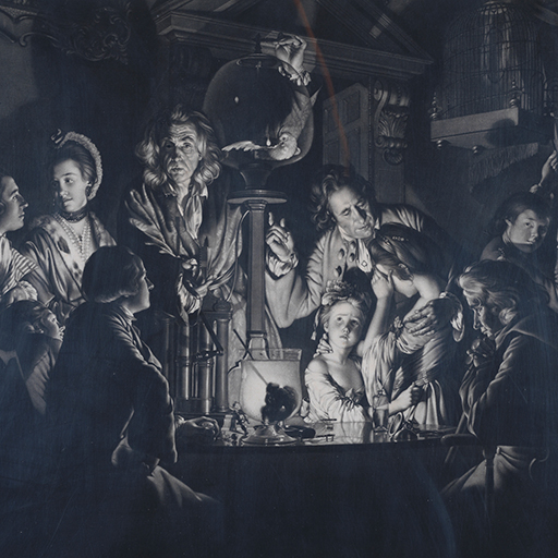 Mezzotint engraving after Joseph Wright (1734-1797), A Philosopher Shewing an Experiment on the Air Pump, An Experiment on a Bird in the Air Pump,1769. An interior scene with a natural philosopher (scientist), centre facing the viewer, is conducting an experiment with a bird to show the effects when air is pumped out or into the glass reciever. Circled around the table are eight people including two children who can't bare to watch, two lovers distracted by each other and there is a ninth young man holding the birdcage. There are other scientific apparatus on the table. Inscription: bottom left 'Jos. Wright Pinxit 1768 middle centre 'J. Boydell Exc' bottom right 'Val. Green Fecit.et'. Made by Valentine Green (1739-1813). Mezzotint-engraving and etching.Cropped. Paper.