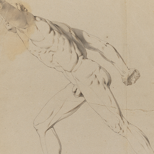 Drawing of a nude male figure, identified as a study of the Hellenistic sculpture known as the 'Borghese Gladiator', which is at the Louvre in Paris (formerly at the Villa Borghese, Rome). The figure lunges forwards dramatically (towards the left of the sheet), his left arm raised and obscuring his face; his right arm behind clutching a sword hilt. Numerous tears and creases throughout; a piece of the sheet has been torn away from the left and lower right sides. Made by Joseph Wright of Derby (1734 - 1797), c. 1764-1765. Pen and ink and grey ink wash over pencil on brown paper.