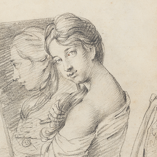 Drawing of a young woman seated at a mirror. She turns to face the viewer over her left shoulder and plays with a lock of her hair. Her clothing is loose and has fallen below her shoulders. A hair comb sits on the table in front of her. The mirror captures her reflection. On the verso is a pencil drawing of a man with a book. Made by Joseph Wright of Derby (1734 - 1797), c. 1750. Pencil on paper. Displayed in a cream window mount.