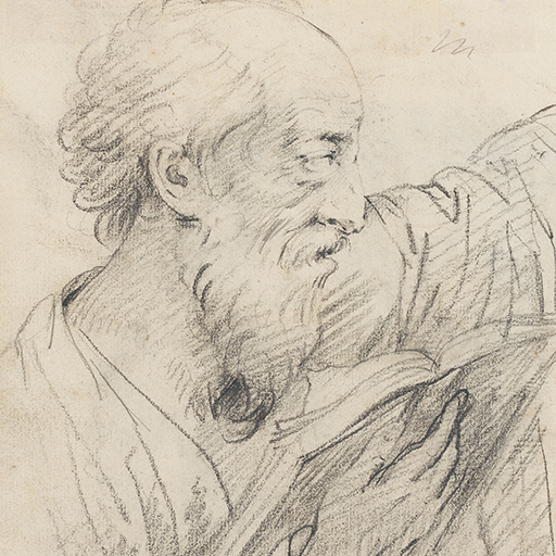 Drawing of a saint or prophet with an open book. The recto is a pencil drawing of a girl at a mirror. Inscribed to lower left with DBYMU accession number. Made by Joseph Wright of Derby (1734-1797), c. 1750. Pencil on paper.  Displayed in a cream window mount.