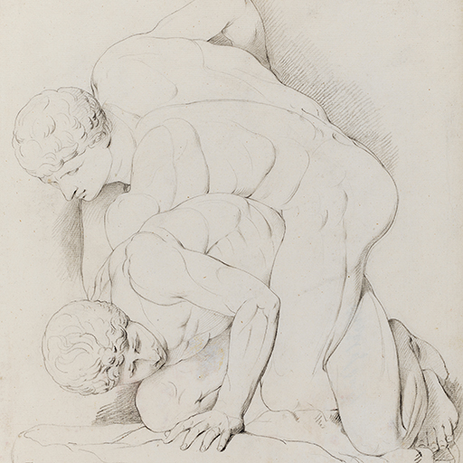 Drawing of two nude men wrestling, identified as 'The Wrestlers', after the Antique sculpture. Inscribed on recto, to lower left, along pedestal of sculpture (handwritten in pencil): 'Fr Academy May 19th - 74' and top right (handwritten in ink): '129'. Made by Joseph Wright of Derby (1734-1792), 1774. Pencil on paper. Displayed in a cream window mount.