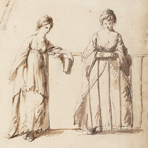 Drawing of two female figures. A figure on the left leans her arm on a pedestal or wall, and holds a book in her hand. To the right, a second figure leans forward on what may be a balcony rail and looks down. Beneath the figures is a fold in the paper, and the remaining sheet is torn off. Inscribed below fold line, and partly obliterated by the tear (handwritten in pencil): 'Here dwelt perpetual[word perpetual crossed through] / a Treasure [illegible] / greater Go Fool'. Made by Joseph Wright of Derby (1734-1797), c.1770-1772. Pencil and ink on paper. Displayed in a cream window mount.