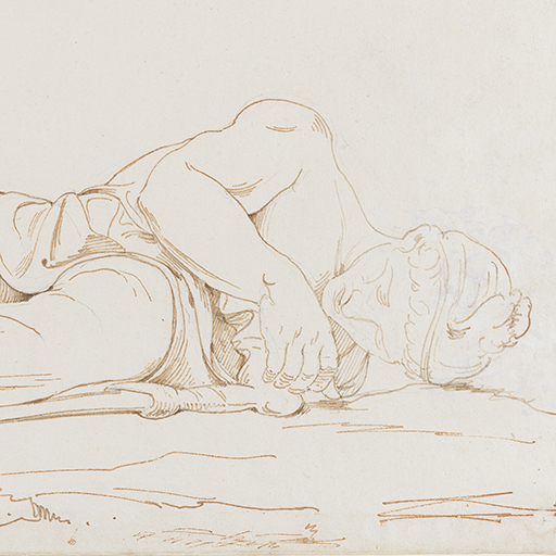 Drawing of a male figure lying down, identified as 'The Dead Asiatic', an Antique sculpture. Inscribed on recto, lower left of centre (handwritten in ink): 'Lungara Oct. 2d. 1774' and to top left (handwritten in ink): '95'. Made by Joseph Wright of Derby (1734-1797), 1774. Pen and ink over pencil on off-white laid paper. Displayed in a cream window mount.