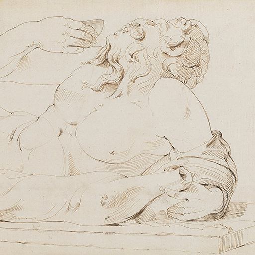 Drawing of a semi-nude male figure, who has the legs of a cloven-hoofed animal, identified as a 'Reclining Satyr', or 'Satyr with a skin of wine', after the Antique. The satyr has a skin of wine and is throwing his head back about to drink from a shallow cup in his hand. The bottom of the sheet has been trimmed and is torn at top centre. Made by Joseph Wright of Derby (1734-1797), 1774. Pen and ink over pencil on paper. Displayed in a cream window mount.