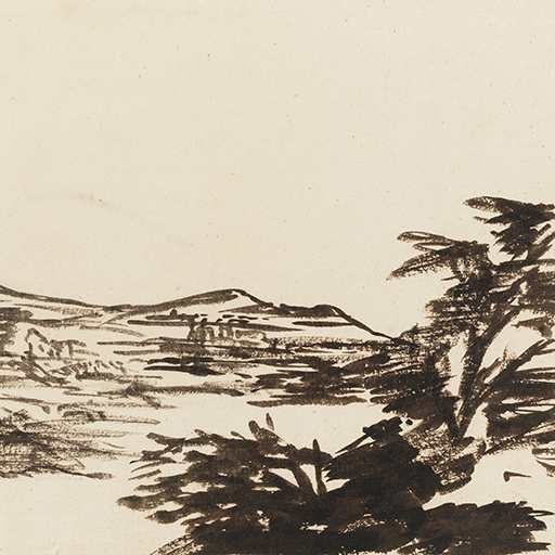 Drawing of a landscape, made according to the 'blot' method pioneered by Alexander Cozens. A view of hills with a town below; a tree to the right. Made by Joseph Wright of Derby (1734 - 1797), c.1770. Ink on paper. Displayed in a cream window mount.