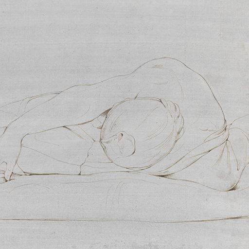 Drawing of a male figure lying down with an arm and leg outstreched, identified as 'The Dead Asiatic', after the Antique sculpture. Inscribed on recto, to lower left (handwritten in ink): 'Lungara Octr. 1st 74' and to top right (handwritten in ink) a illegible number, perhaps '3'? Made by Joseph Wright of Derby (1734-1797), 1774. Pen and ink over pencil on laid paper, toned with grey-blue wash. Displayed in a cream window mount.