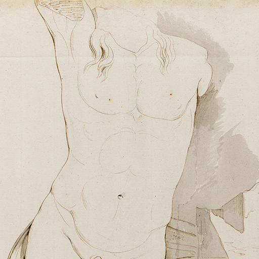 Drawing of a nude male figure, without a head or arms, identified as a study of the Roman sculpture known as the 'Colossal Statue of Apollo Citharoedus' (after the Greek original), which is in the Capitoline Museums in Rome. Inscribed on recto, to lower right (handwritten in ink): 'Capl. June 10th - 74' and top right (handwritten in ink): '89'. There are creases running horizontally across the centre of the sheet and towards the top. Made by Joseph Wright of Derby (1734-1797), 1774. Pen and ink and grey wash over pencil on laid paper. Displayed in a cream window mount.