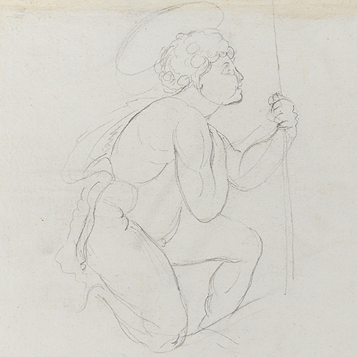 Drawing of a nude male angel, facing to the right. He kneels on one knee, with his hand to his chest, his left arm holding a staff or spear. Above his head is a halo. Inscribed on recto of this sheet, to lower right (handwritten in pencil): 'Wright of Derby'. Sheet has been trimmed at top and bottom. Made by Joseph Wright of Derby (1734 - 1797), 1775. Pencil on laid paper.