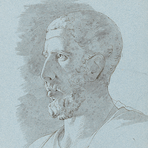 Drawing of a male head, facing left, identified as an Antique portrait bust (possibly Roman in the Capitoline Museums in Rome). Made by Joseph Wright of Derby (1734-1797), 1774-1775. Pen and ink and grey wash over pencil on paper. Displayed in a cream window mount.