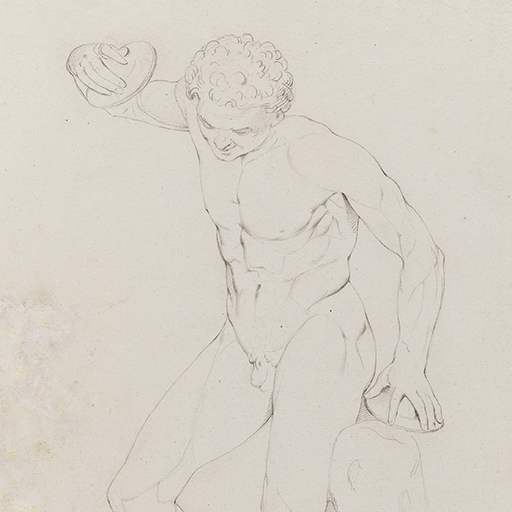 Drawing of a nude male figure dancing and playing the cymbals and kroupezion (foot castinet), identified as the 'Dancing Faun (or Satyr)', after a cast from the Antique sculpture at the Uffizi Gallery, Florence. Inscribed on recto, along pedestal base (handwritten in pencil): 'Fr Academy April 15 - 74' and to top right (handwritten in ink): '37'. Made by Joseph Wright of Derby (1734-1797), 1774. Pencil on paper. Displayed in a cream window mount.