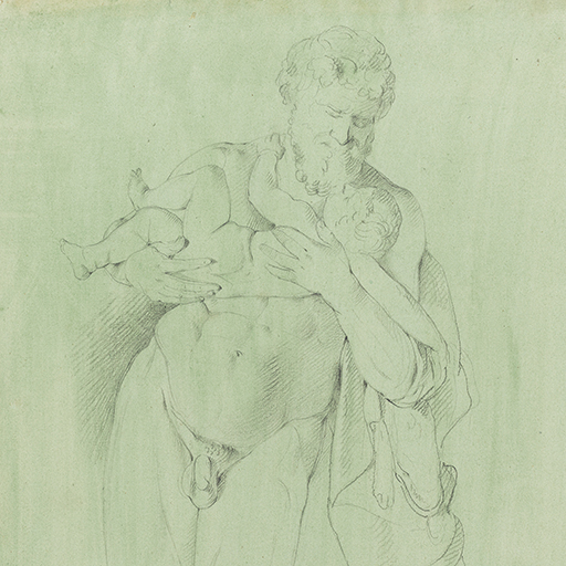 Drawing of a nude male figure holding an infant, identified as 'Silenus with the infant Dionysus', after the Antique marble statue in the Vatican. Silenus holds the infant Dionysus in his arms and is leaning on a pedestal. Inscribed on recto, along pedestal base (handwritten in pencil): 'French Academy May 8th 74' and to top left (handwritten in ink): '20'. Made by Joseph Wright (1734-1797), 1774. Pencil and charcoal on laid paper, toned with green wash. Displayed in a cream window mount.