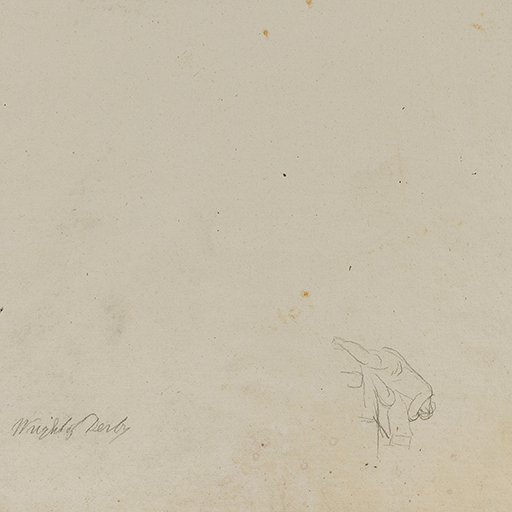 Drawing of a figure leaning against a block. Faintly drawn. Inscribed on recto of this sheet, to lower left (handwritten in pencil): 'Wright of Derby'. Made by Joseph Wright of Derby (1734-1797), c.1774. Pencil on paper. Displayed in a cream window mount.