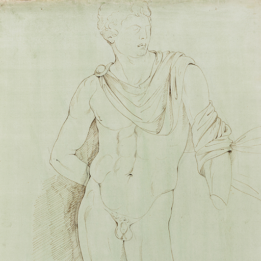 Drawing of a semi-nude male figure, facing right, his lower left arm missing, identified as the 'Huntsman and Dog', after the 4th century marble sculpture. Inscribed on recto, to lower left (handwritten in ink): 'Fr Academy 18 May 1775'. Made by Joseph Wright of Derby (1734-1797), 1775. Pen and ink over pencil on laid paper, toned with green wash. Displayed in a cream window mount.