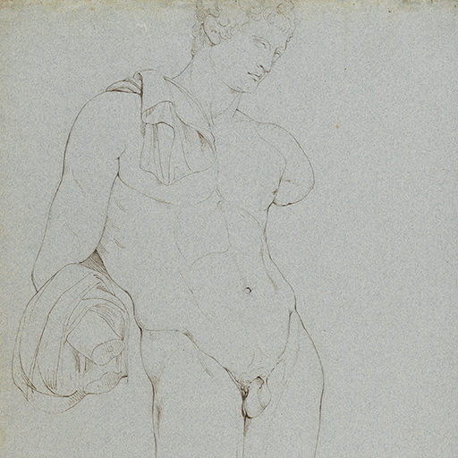 Drawing of a sculpture of a nude male figure, identified as the Belvedere Hermes, in the Museo Pio-Clementino (part of the Vatican Collections), Rome. The figure is almost full length and turns slightly to the left with his hips pushed forward. Both his right arm and left hand are missing. A piece of cloth is draped on his left shoulder and over his left forearm. The sheet of paper on which the figure is drawn is blue and includes pin holes along its top edge. There are losses to the bottom edge. Made by Joseph Wright of Derby (1734 - 1797), 1775. Pen and ink over pencil on blue paper. Displayed in a cream window mount.