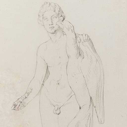Drawing of a nude male figure with an eagle, identified as a study of a cast of a Roman sculpture known as 'Ganymede with the Eagle', in The Uffizi, Florence. Ganymede is standing with his left hand on the eagle, in his right hand a fragment of a shepherd's crook. Inscribed on recto, along pedestal base (handwritten in pencil): 'F. Academy Rome April 18 - 74' and to top right (handwritten in ink): '43'. Made by Joseph Wright of Derby (1734-1797), 1774. Pencil and charcoal on laid paper. Displayed in a cream window mount.