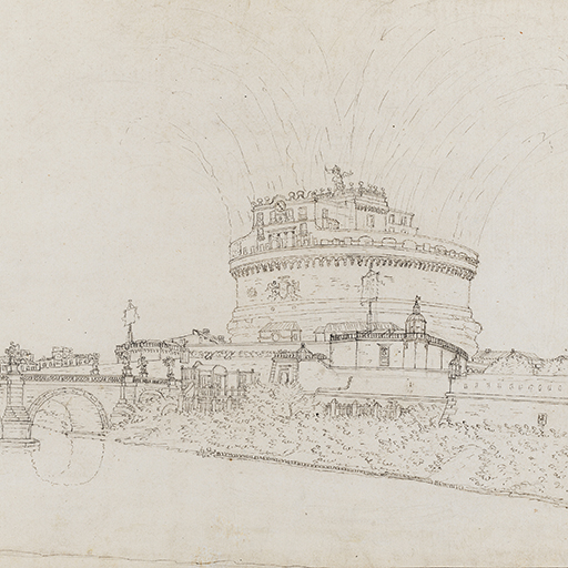 Drawing of a firework display at the Castel Sant'Angelo in Rome. The view is from the opposite bank of the River Tiber, with the Ponte Sant'Angelo to the left. Drawing framed by an ink border. Inscribed on recto, to top left corner, above border (handwritten in ink): ‘103’. Slight pencil markings on verso. Made by Joseph Wright of Derby (1734 - 1797), c.1774-1775. Pen and ink over pencil on paper. Displayed in a cream window mount.