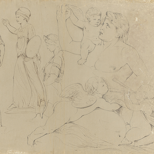 Drawing of a variety of different figures, after the Antique. From left to right: a female figure in a headdress holding a disk-shaped object in her right hand and a baton in her left hand; a female figure wearing a helmet and holding a shield; a female figure in profile, to the waist; a nude male figure, to waist, with a winged putto on his shoulder; a winged putto on the back of a fish; an infant or putto playing pipes. Inscribed on recto, to lower left (handwritten in ink): 'Capitol May 3d 74'. Made by Joseph Wright of Derby (1734 - 1797). Pen and ink over pencil on paper toned brown. Displayed in a cream window mount.
