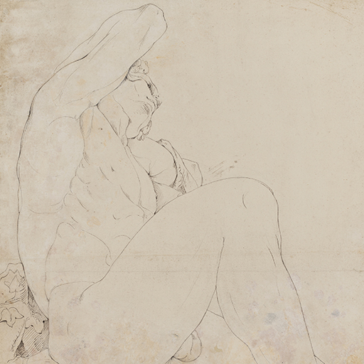 Drawing of a nude male figure, reclining, identified as the sculpture known as the 'Barberini Faun'. Inscribed on recto, to lower left (handwritten in ink): 'Rome / P. Barbarini [sic] / March 15th -1775' and to lower right (handwritten in ink): '4'. Sheet is heavily stained and lft and right sides have been cut down. Made by Joseph Wright (1734 - 1797), 1775. Pen and ink over pencil on cream laid paper. Displayed in a cream window mount.