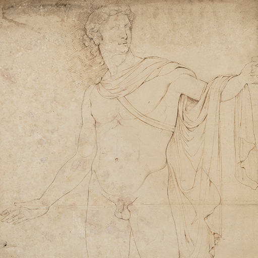 Drawing of a nude male figure, standing, identified as the sculpture known as the 'Apollo Belvedere'. He is seen from the front, his head turning to the right, his left hand raised and holding a baton or sword grip. He wears a strap across his chest and cloak draped around his shoulders. Inscribed on recto, to upper left (handwritten in ink): 'Apollo Belevdere / J. Wright Rome 1774' and to lower right (handwritten in ink): '9'. A rectangular piece has been cut from the sheet at the lower left corner. shape Made by Joseph Wright of Derby (1734 - 1797),1774. Pen and ink over pencil on laid paper washed grey-blue. Displayed in a cream window mount.